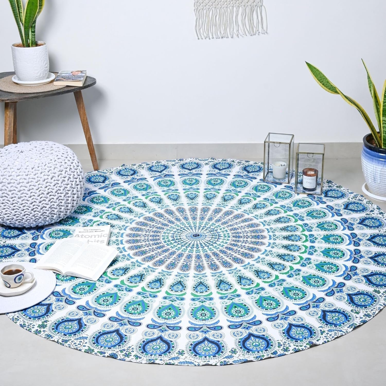 Okrągły gobelin paw mandala centymetry okrągła twarz hipisa Casa - Akcesoria i dekoracje Naty Shop Błękitny D-72"