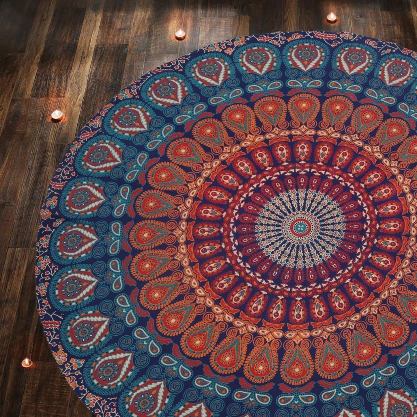 Okrągły gobelin paw mandala centymetry okrągła twarz hipisa Strona główna - Akcesoria i dekoracje Naty Shop Złoty niebieski 122L X 122B Cm