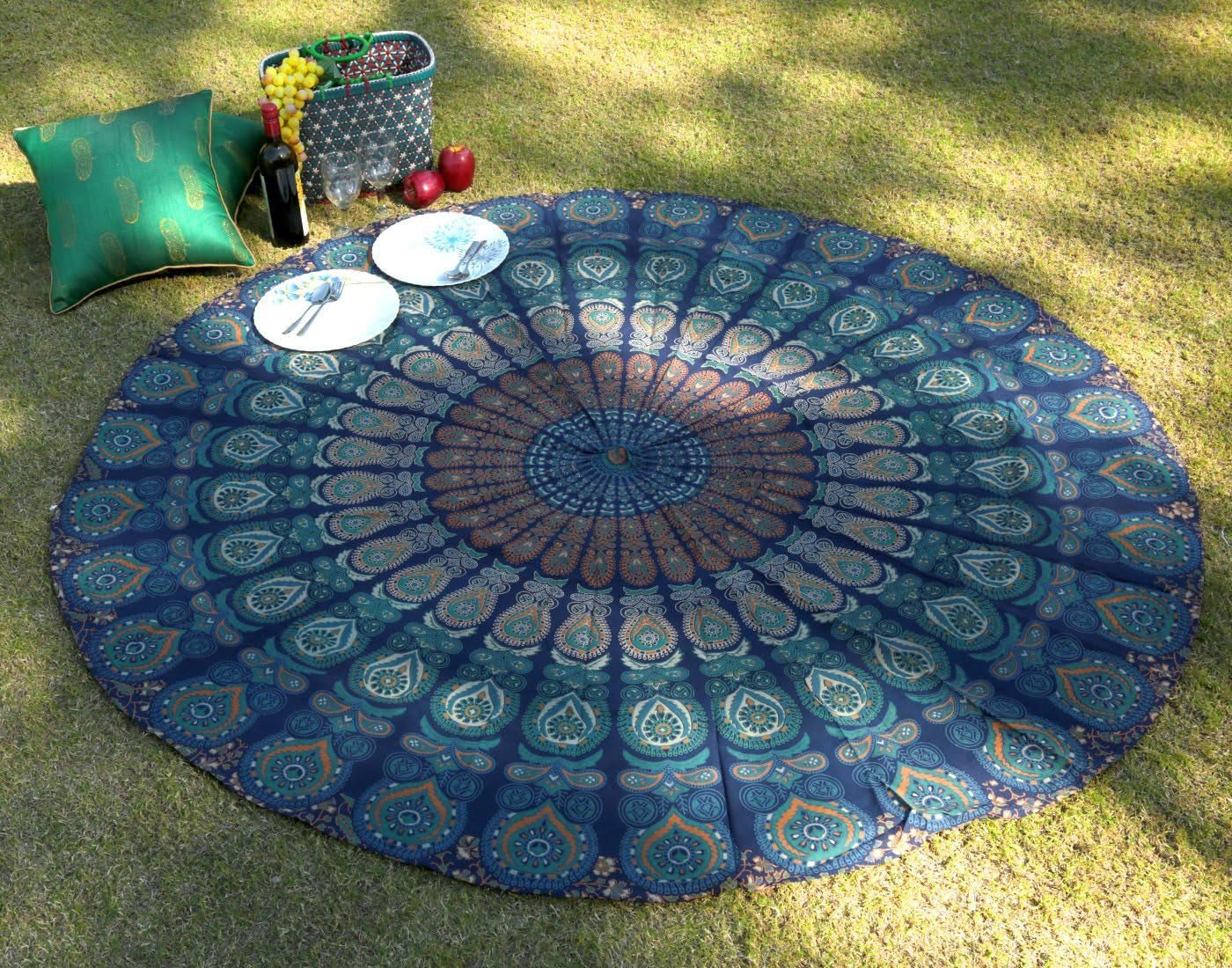 Okrągły gobelin paw mandala centymetry okrągła twarz hipisa Strona główna - Akcesoria i dekoracje Naty Shop Niebieski zielony 122L X 122B Cm