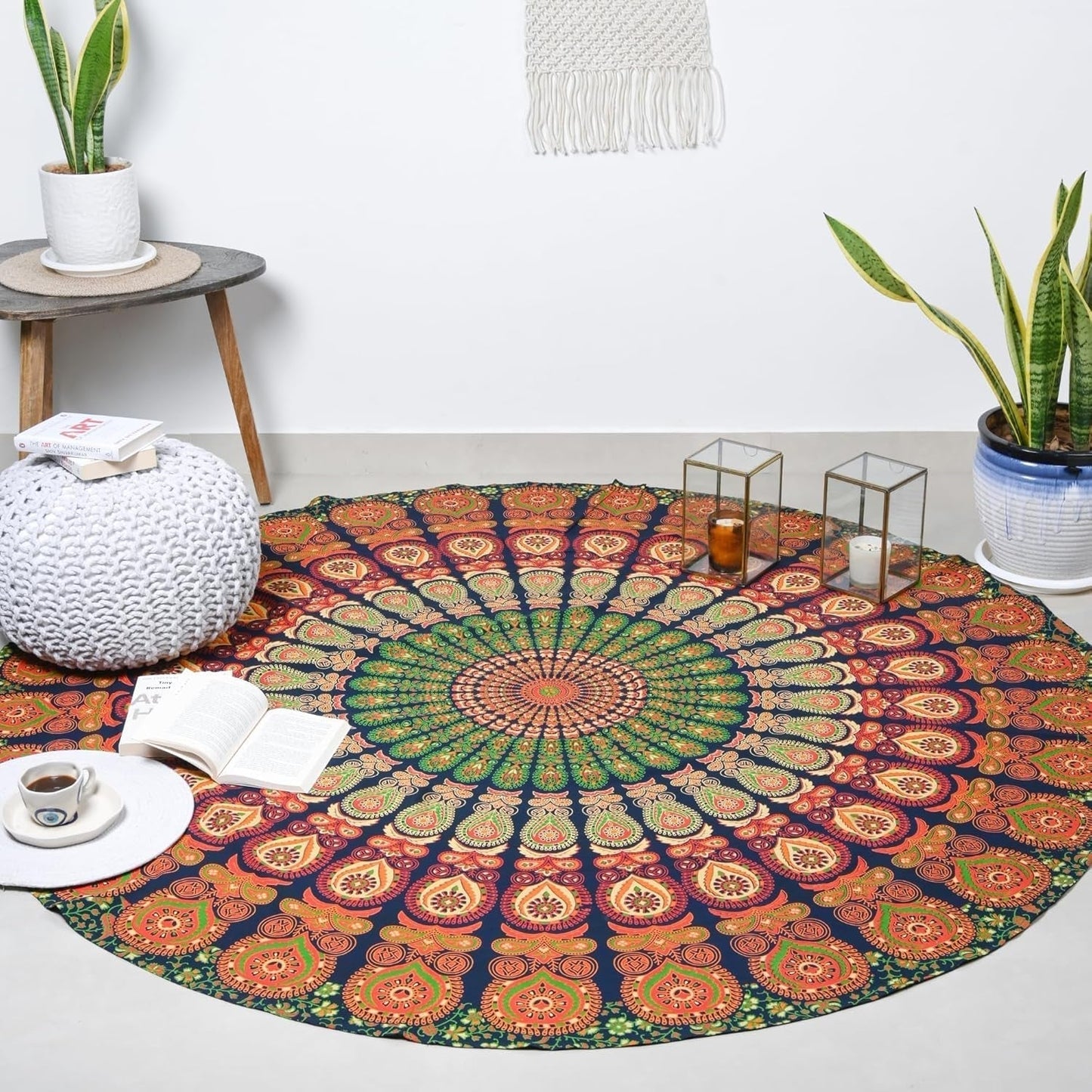 Okrągły gobelin paw mandala centymetry okrągła twarz hipisa Strona główna - Akcesoria i dekoracje Naty Shop Goldgreen 182,9L X 182,9B Cm
