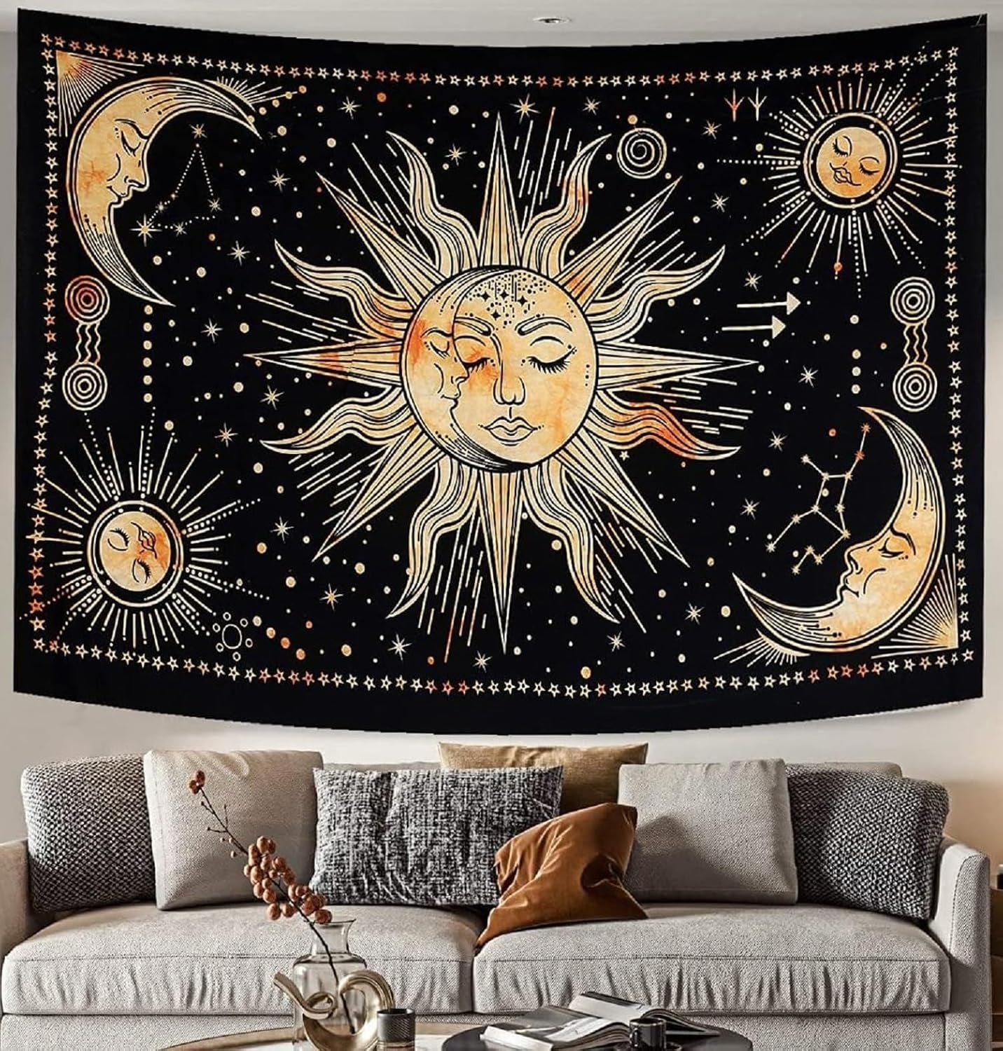 Gobelin słońce księżyc gwiazda duchowa estetyczna tęcza bawełniana Strona główna - Akcesoria i dekoracje Naty Shop Żółty 210L X 140B Cm