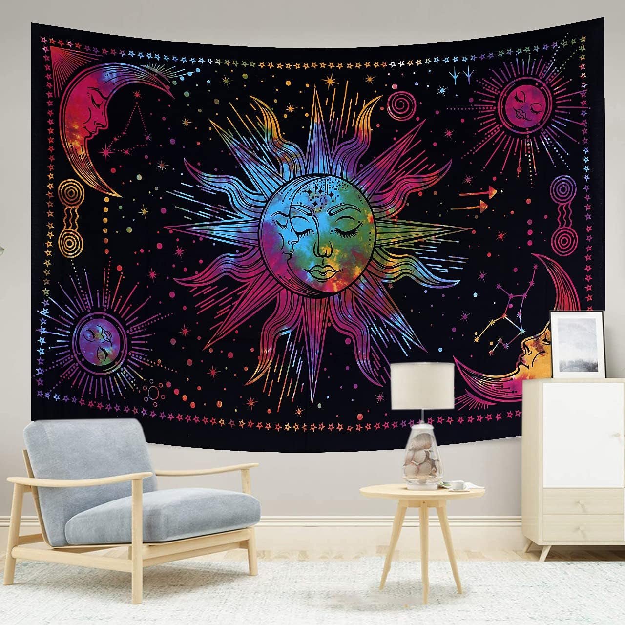 Gobelin słońce księżyc gwiazda duchowa estetyczna tęcza bawełniana Strona główna - Akcesoria i dekoracje Naty Shop Tęcza 150L X 137B Cm