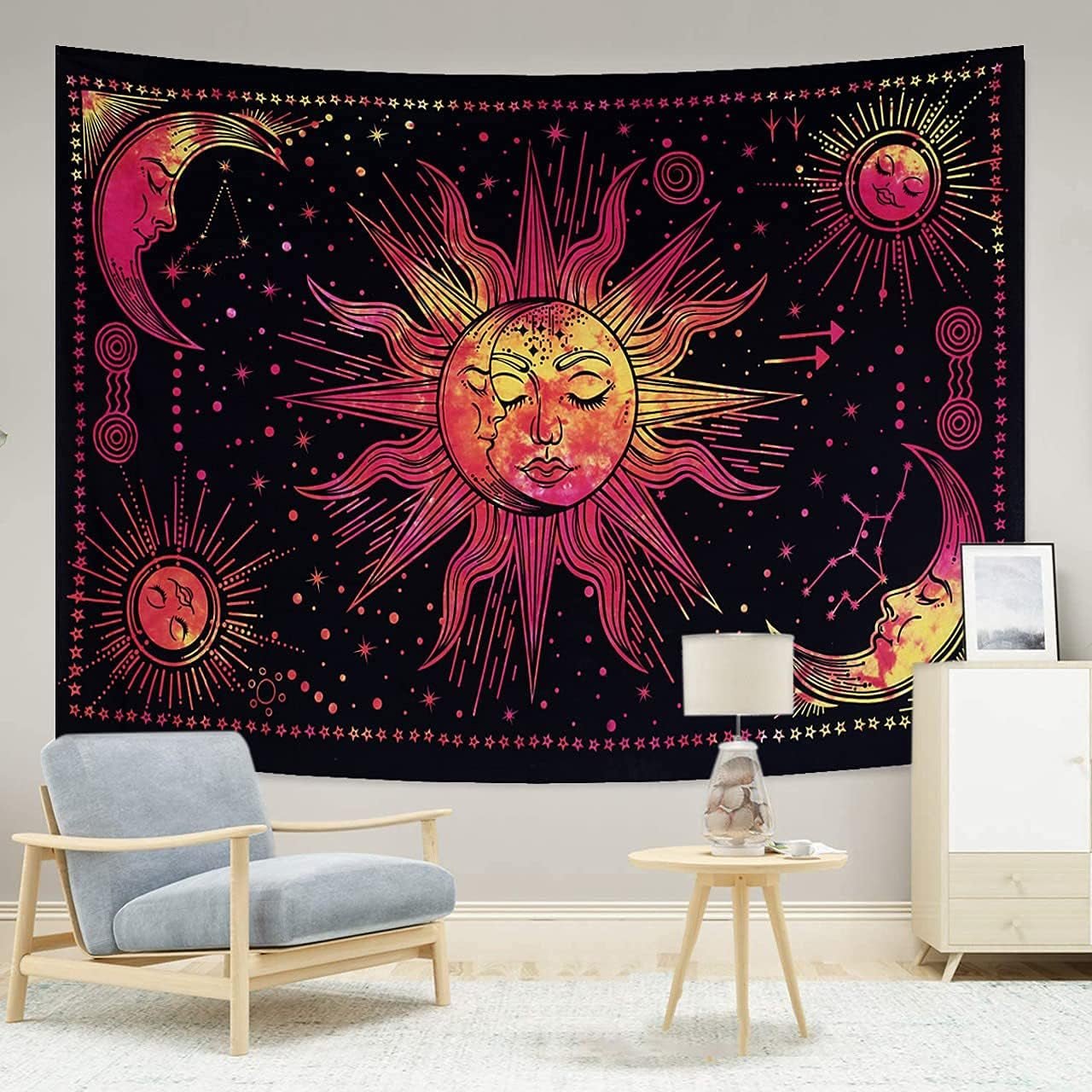 Gobelin słońce księżyc gwiazda duchowa estetyczna tęcza bawełniana Strona główna - Akcesoria i dekoracje Naty Shop Czerwony 210L X 140B Cm