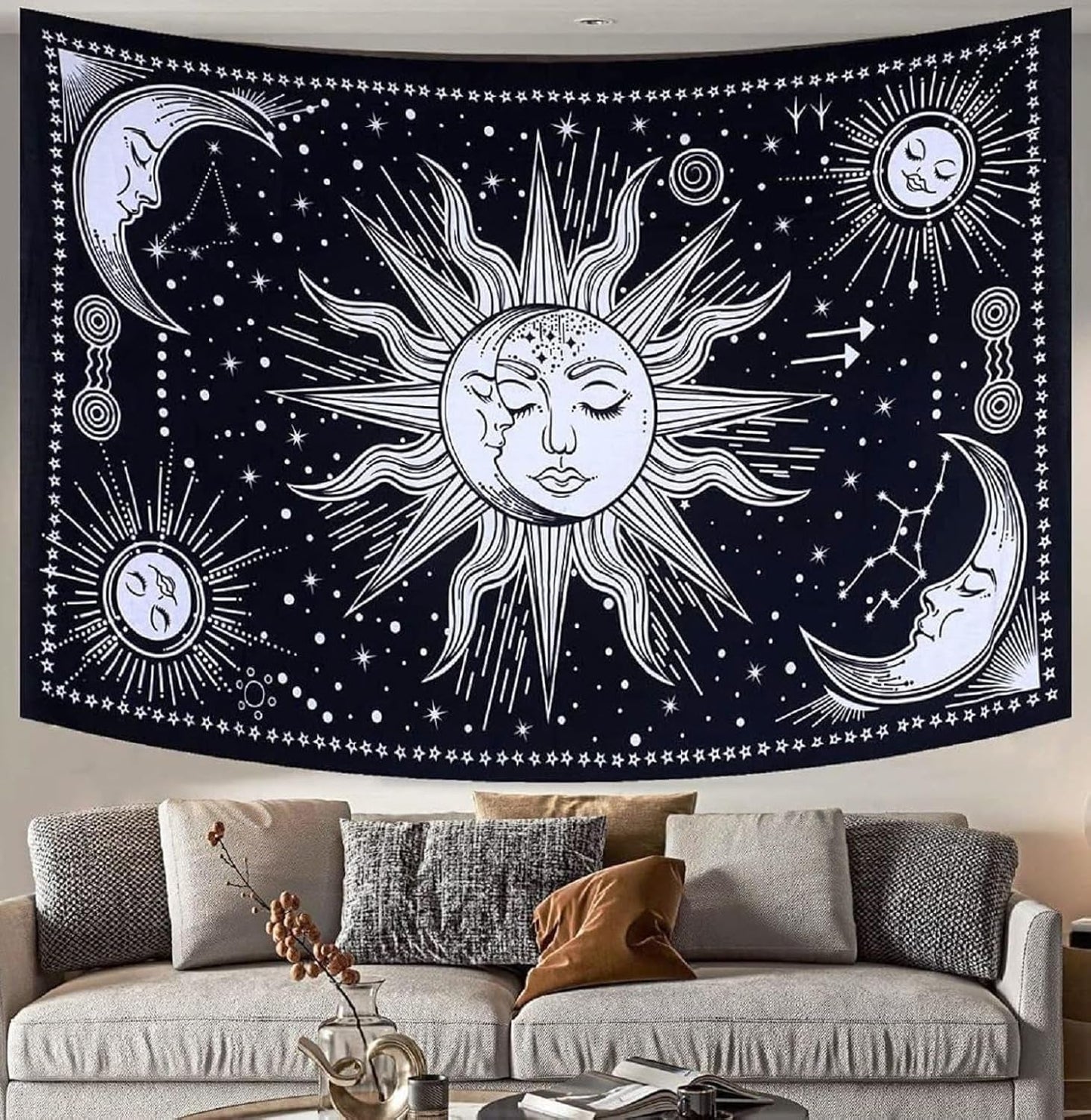 Gobelin słońce księżyc gwiazda duchowa estetyczna tęcza bawełniana Strona główna - Akcesoria i dekoracje Naty Shop Czarny / biały 102L X 77B Cm