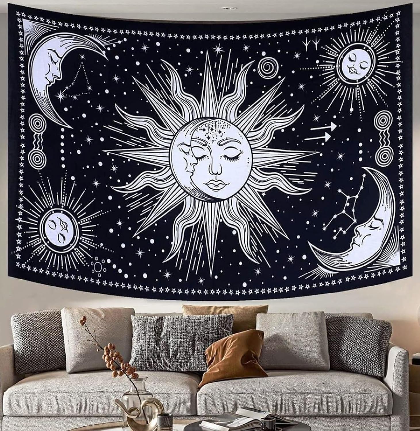Gobelin słońce księżyc gwiazda duchowa estetyczna tęcza bawełniana Strona główna - Akcesoria i dekoracje Naty Shop Czarny / biały 102L X 77B Cm