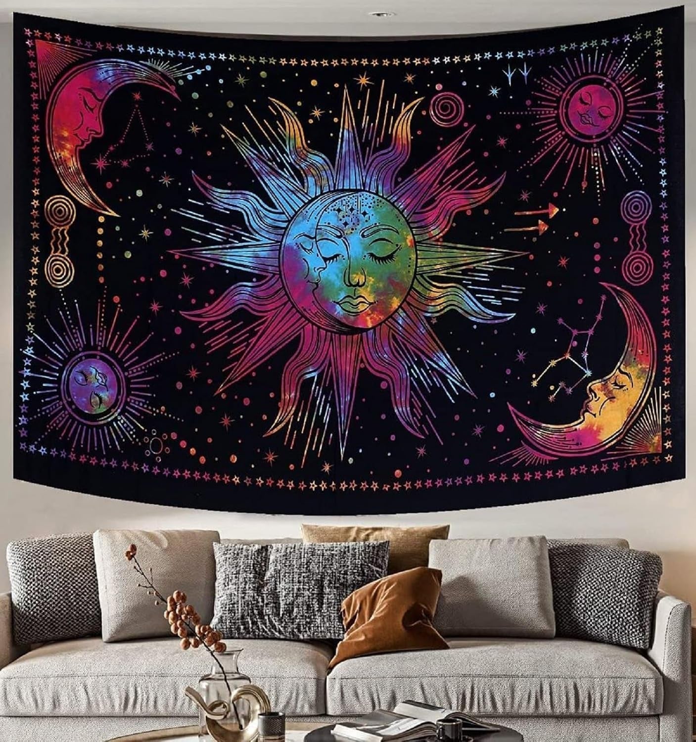 Gobelin słońce księżyc gwiazda duchowa estetyczna tęcza bawełniana Strona główna - Akcesoria i dekoracje Naty Shop Tęcza 210L X 140B Cm