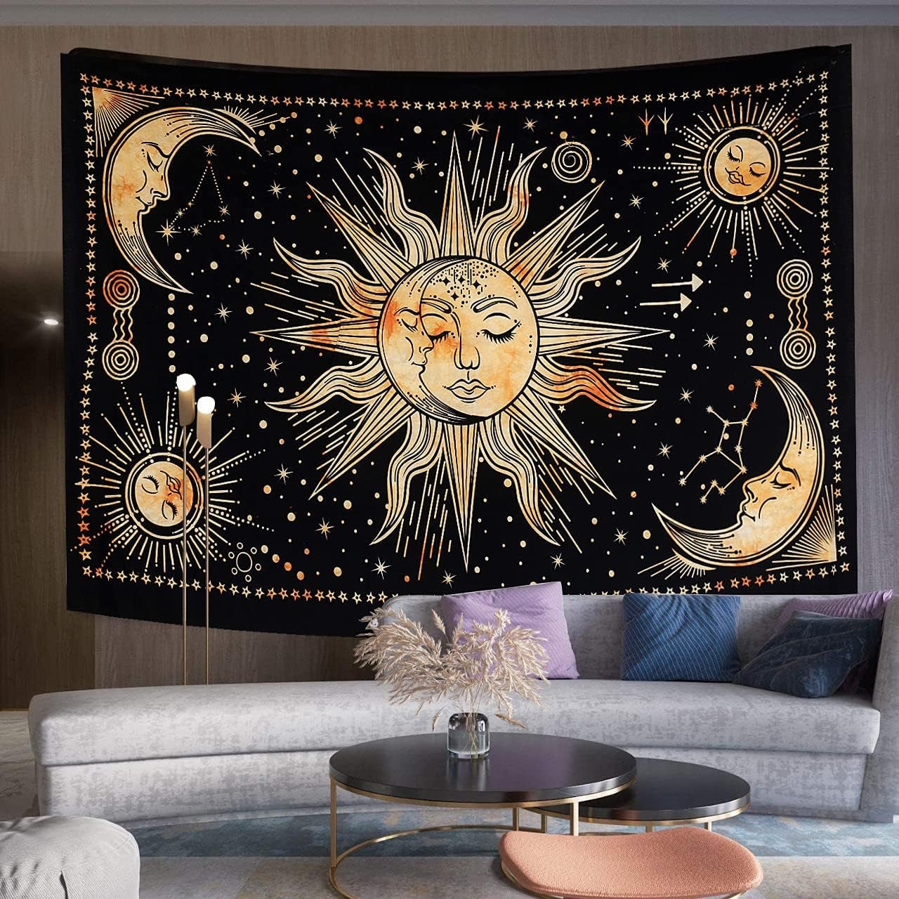 Gobelin słońce księżyc gwiazda duchowa estetyczna tęcza bawełniana Strona główna - Akcesoria i dekoracje Naty Shop Żółty 102L X 77B Cm