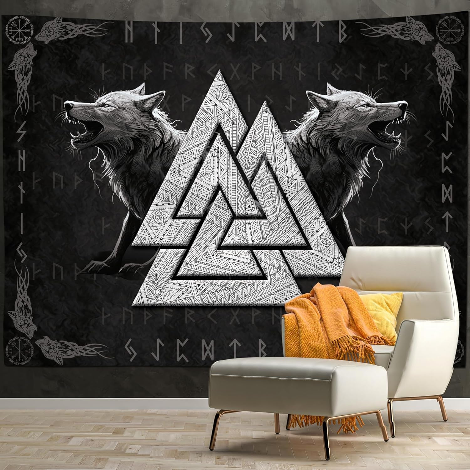 Gobelin Wilk Wikingów Totem Czarny Biały Runy Medytacyjne Strona główna - Akcesoria i Dekoracje Naty Shop