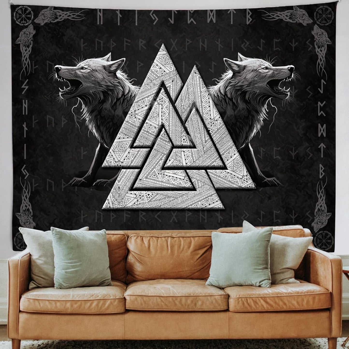 Gobelin Wilk Wikingów Totem Czarny Biały Runy Medytacyjne Strona główna - Akcesoria i Dekoracje Naty Shop