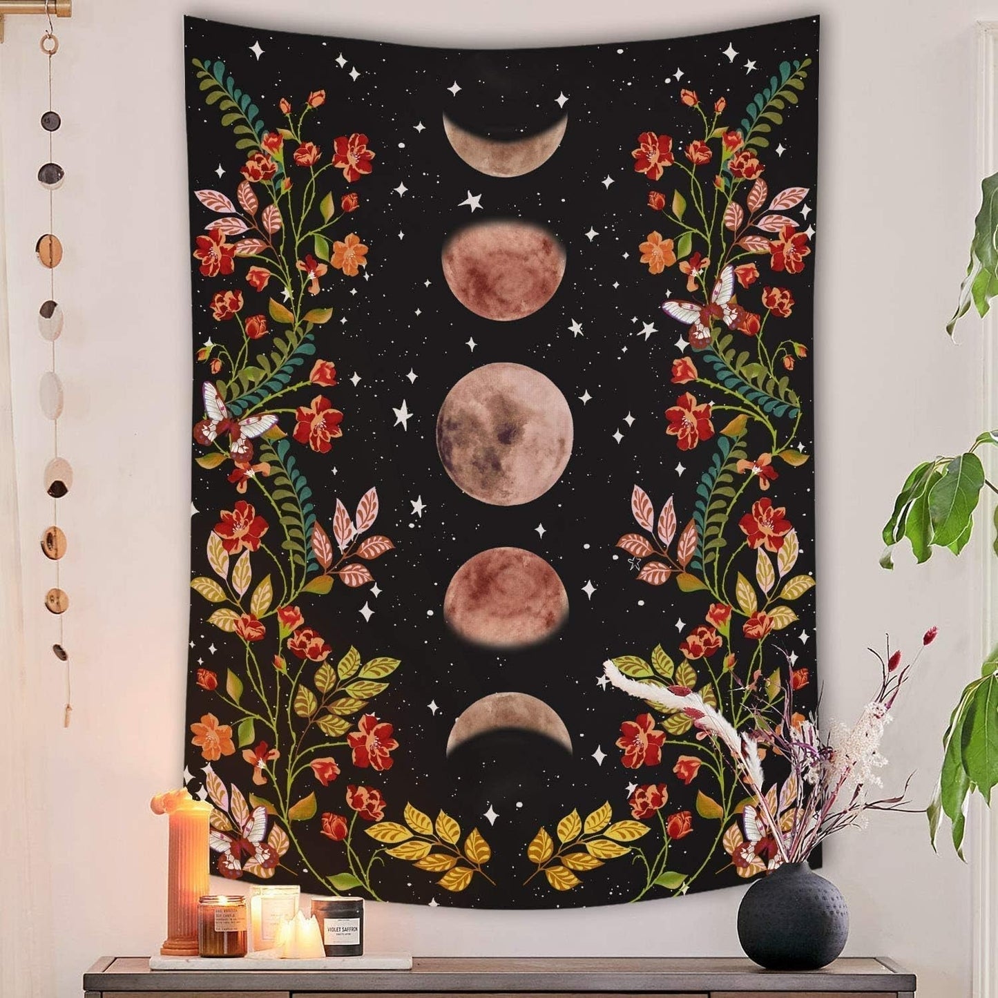 Yisumei gobelin estetyczny księżycowe kwiaty czarny rozmiar Strona główna - Akcesoria i dekoracje Naty Shop Luna 150L X 130B Cm