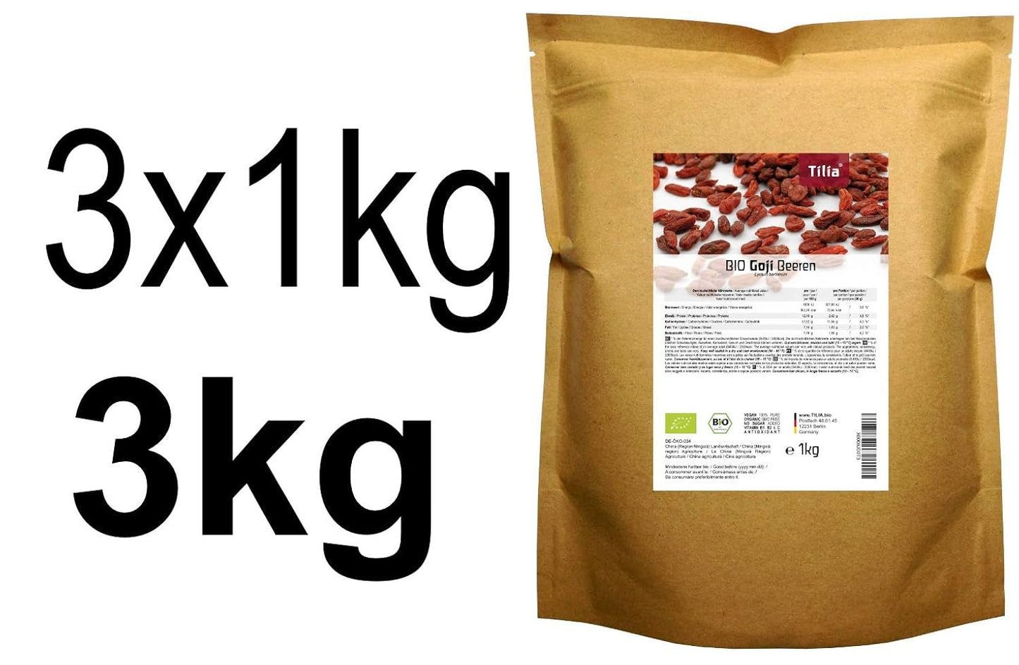 Tilia BIO Jagody Goji 1 kg Naty Shop produkty suszone 1 kg (opakowanie 3 szt.)