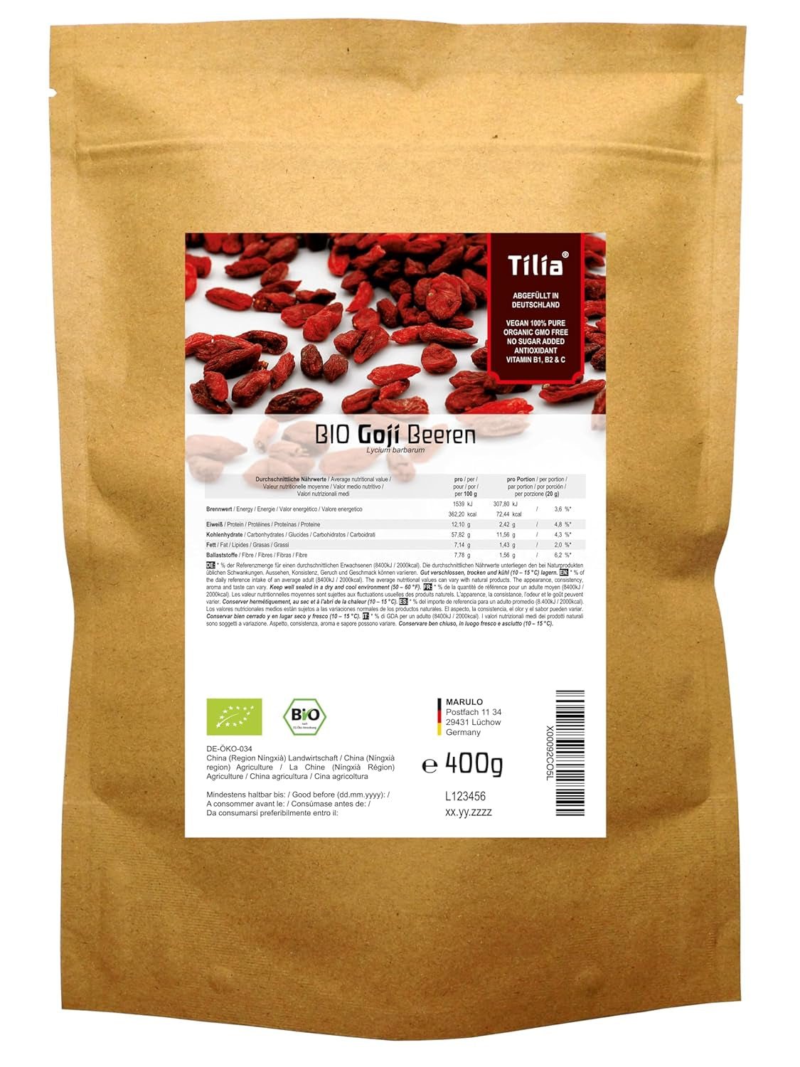 Tilia BIO Jagody Goji 1 kg Naty Shop produkty suszone 400 G (1 opakowanie)