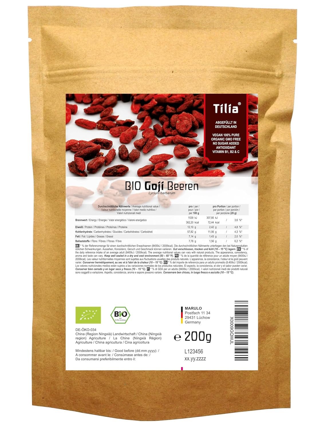 Tilia BIO Jagody Goji 1 kg Naty Shop produkty suszone 200 G (1 opakowanie)