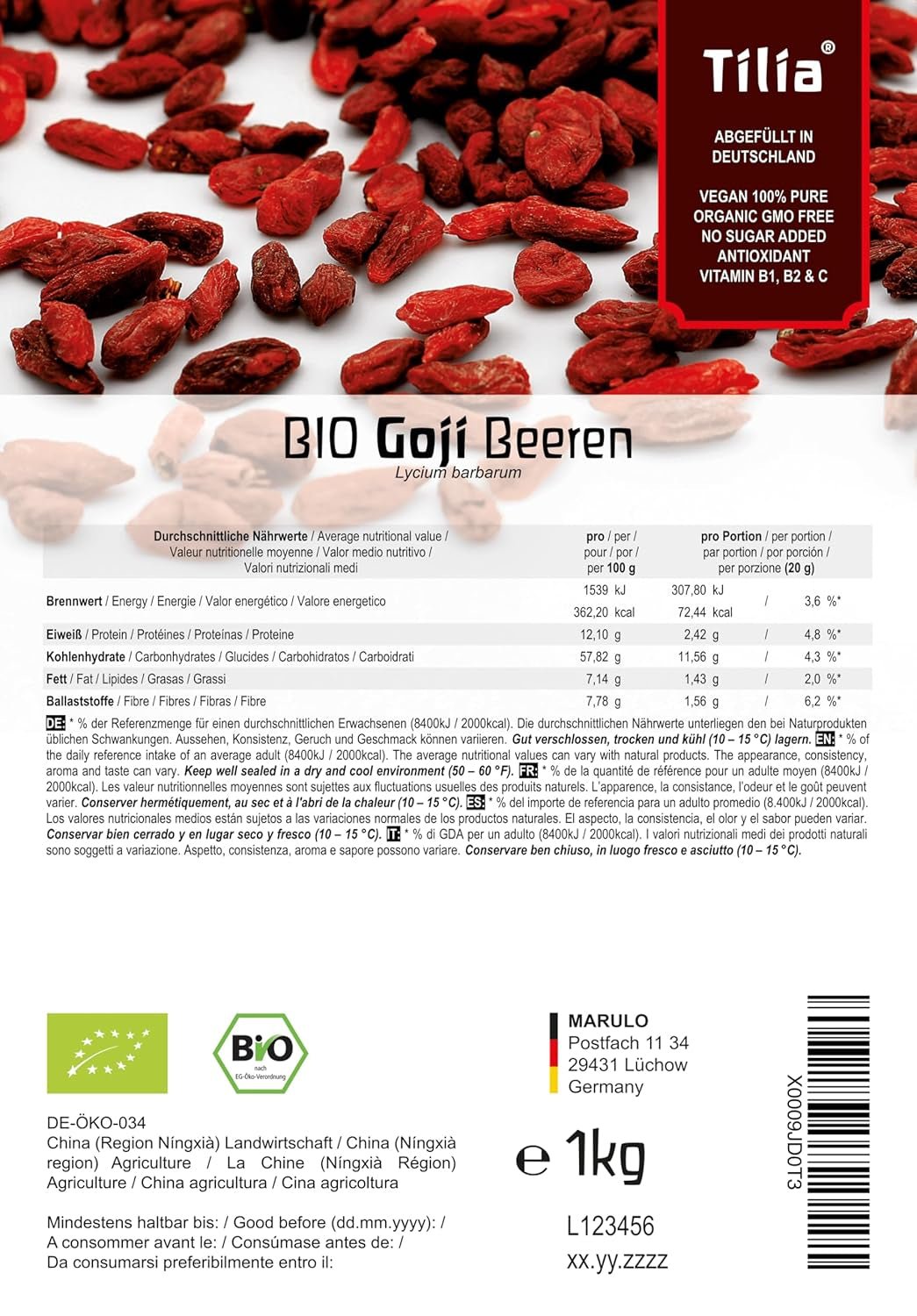 Tilia BIO Jagody Goji 1 kg Produkty suszone Naty Shop