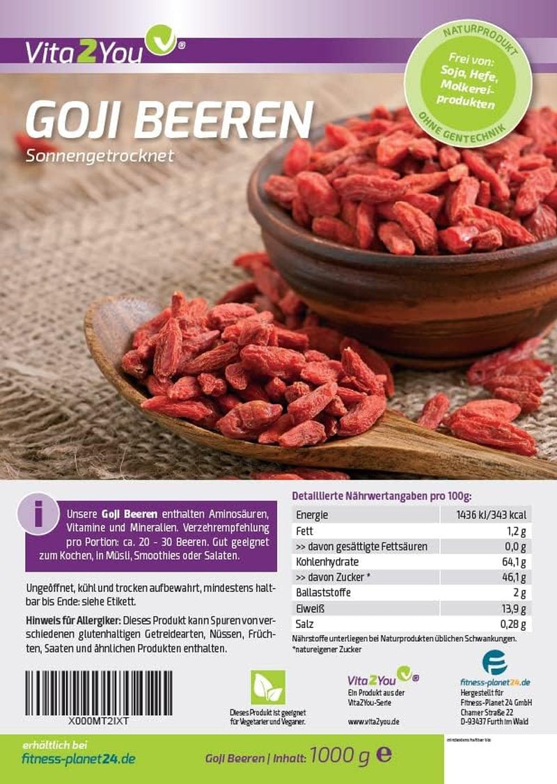 Vita2You Jagody Goji 1kg - kolcowój - suszone na słońcu - niesiarkowane i bez dodatków - 1000g - torebka zamykana na zamek - jakość premium Produkty suszone Naty Shop