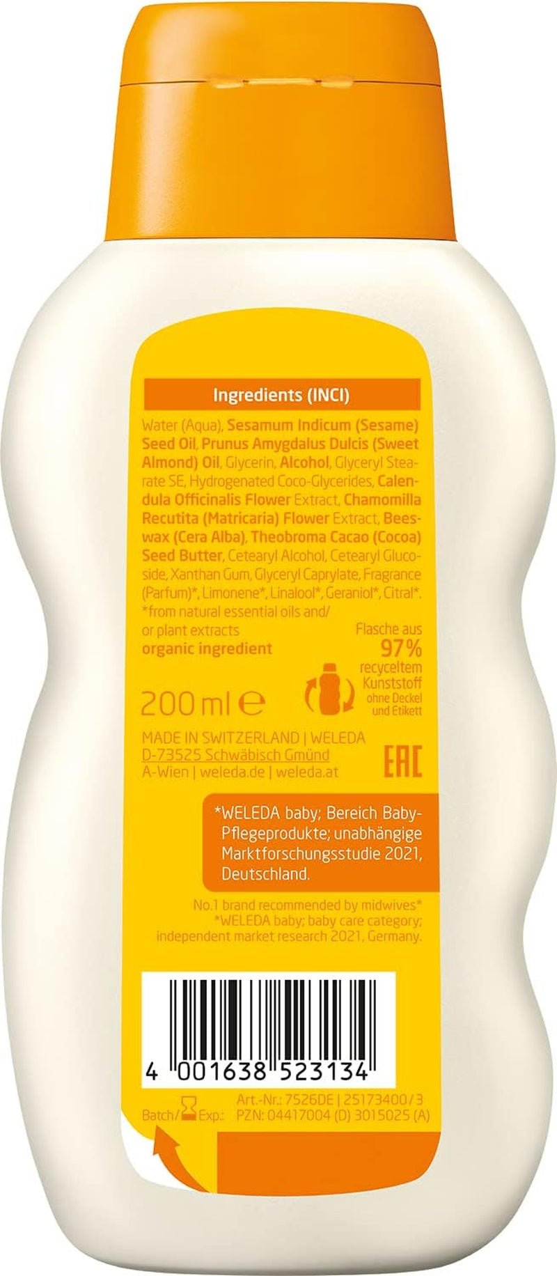 WELEDA Organic Baby Calendula Care Milk - Naturalny kosmetyczny balsam do ciała z olejkiem migdałowym i woskiem pszczelim do pielęgnacji i oczyszczania suchej skóry dziecka. Delikatny balsam do pielęgnacji skóry niemowląt i dzieci (1x 200ml) Dzieci - Kąpiel i Pielęgnacja Naty Shop