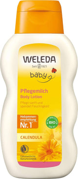 WELEDA Organic Baby Calendula Care Milk - Naturalny kosmetyczny balsam do ciała z olejkiem migdałowym i woskiem pszczelim do pielęgnacji i oczyszczania suchej skóry dziecka. Delikatny balsam do pielęgnacji skóry niemowląt i dzieci (1x 200ml) Dzieci - Kąpiel i pielęgnacja Naty Shop Tytuł domyślny
