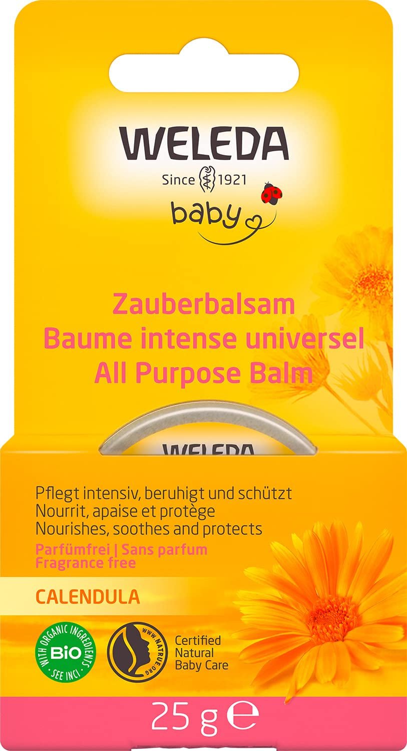 WELEDA Organic Baby Calendula Magic Balm - Uniwersalny balsam naturalnych kosmetyków do twarzy i ciała do pielęgnacji i łagodzenia suchej skóry i ust. Uniwersalny bogaty balsam dla niemowląt i dzieci (1x 25g) Dzieci - Kąpiel i pielęgnacja Naty Shop