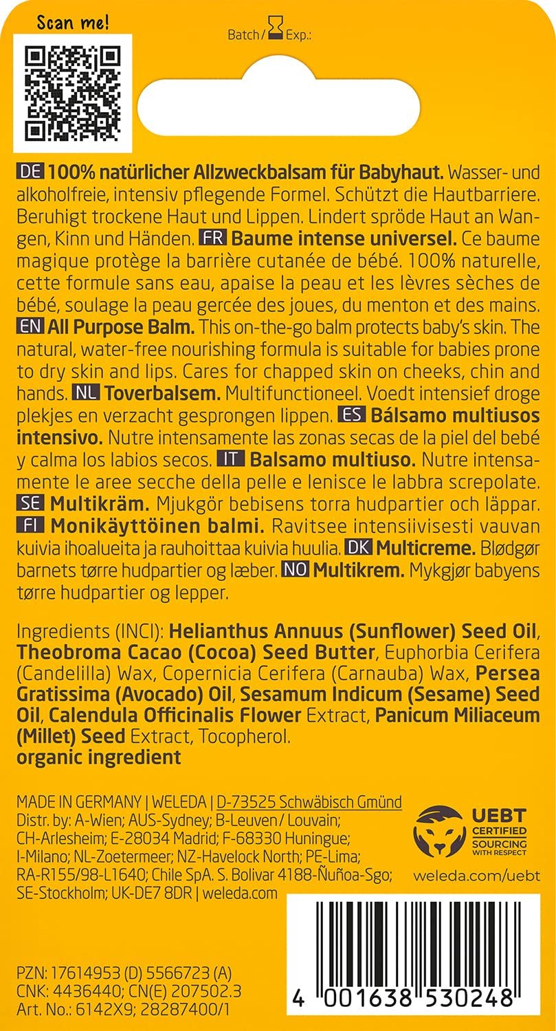 WELEDA Organic Baby Calendula Magic Balm - Uniwersalny balsam naturalnych kosmetyków do twarzy i ciała do pielęgnacji i łagodzenia suchej skóry i ust. Uniwersalny bogaty balsam dla niemowląt i dzieci (1x 25g) Dzieci - Kąpiel i pielęgnacja Naty Shop