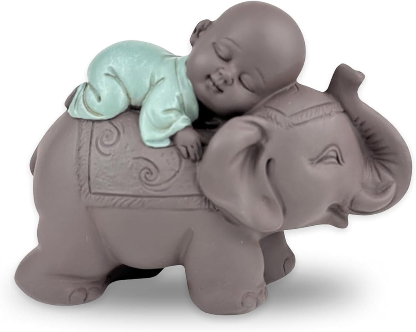 Posąg Zen'Light Budda Bonze śpiący na słoniu - Atmosfera Zen w Twojej świętej przestrzeni - piękna pomyślna figura - H 9,5 cm, brązowo-zielona Figurki i rzeźby Naty Shop Domyślny tytuł