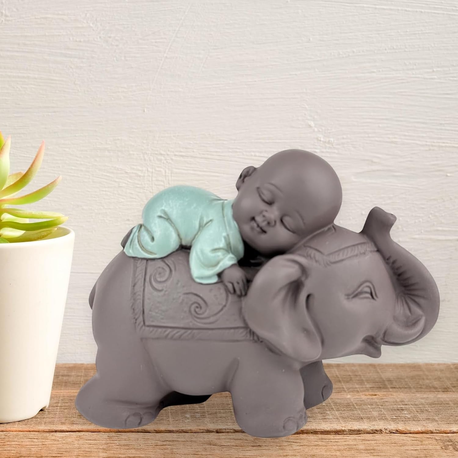 Posąg Zen'Light Budda Bonze śpiący na słoniu - Atmosfera Zen w Twojej świętej przestrzeni - piękna pomyślna figura - wys. 9,5 cm, brązowo-zielona. Figurki i rzeźby Naty Shop