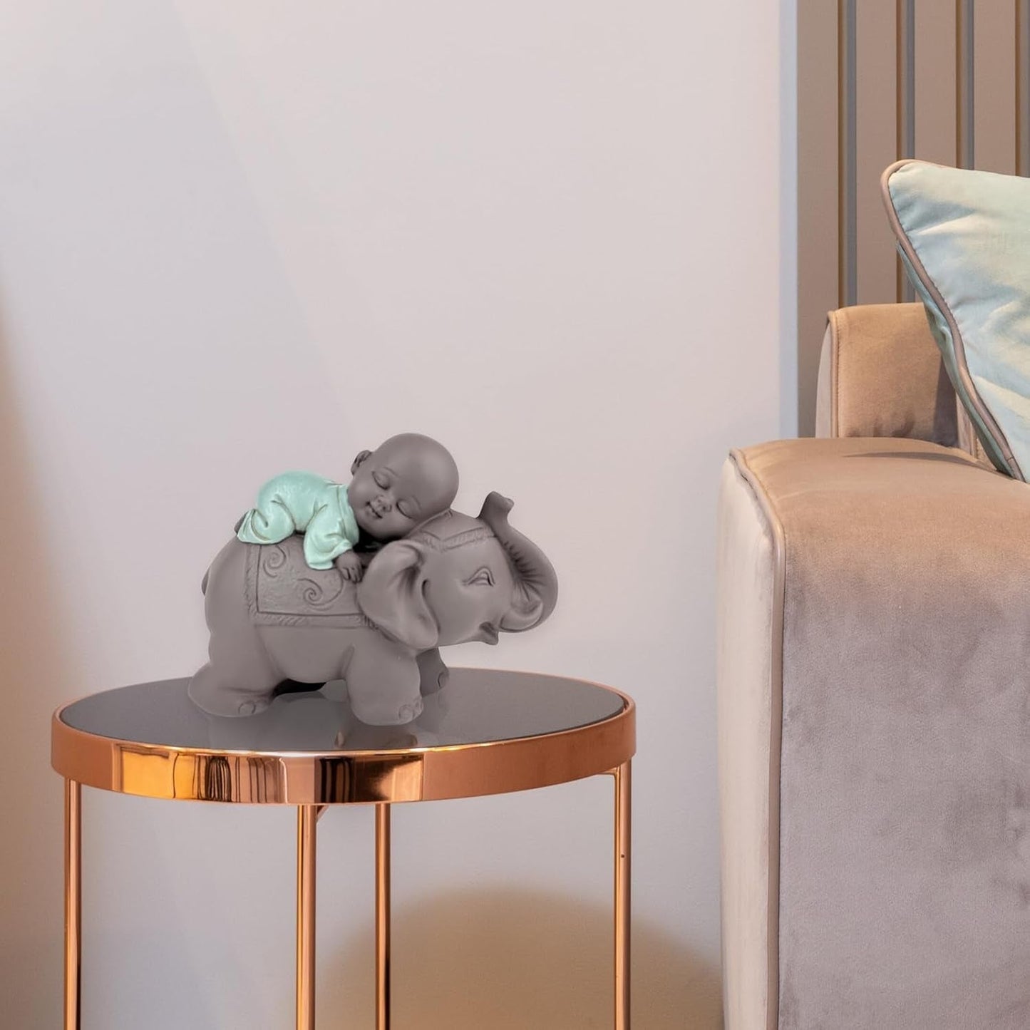 Posąg Zen'Light Budda Bonze śpiący na słoniu - Atmosfera Zen w Twojej świętej przestrzeni - piękna pomyślna figura - wys. 9,5 cm, brązowo-zielona. Figurki i rzeźby Naty Shop