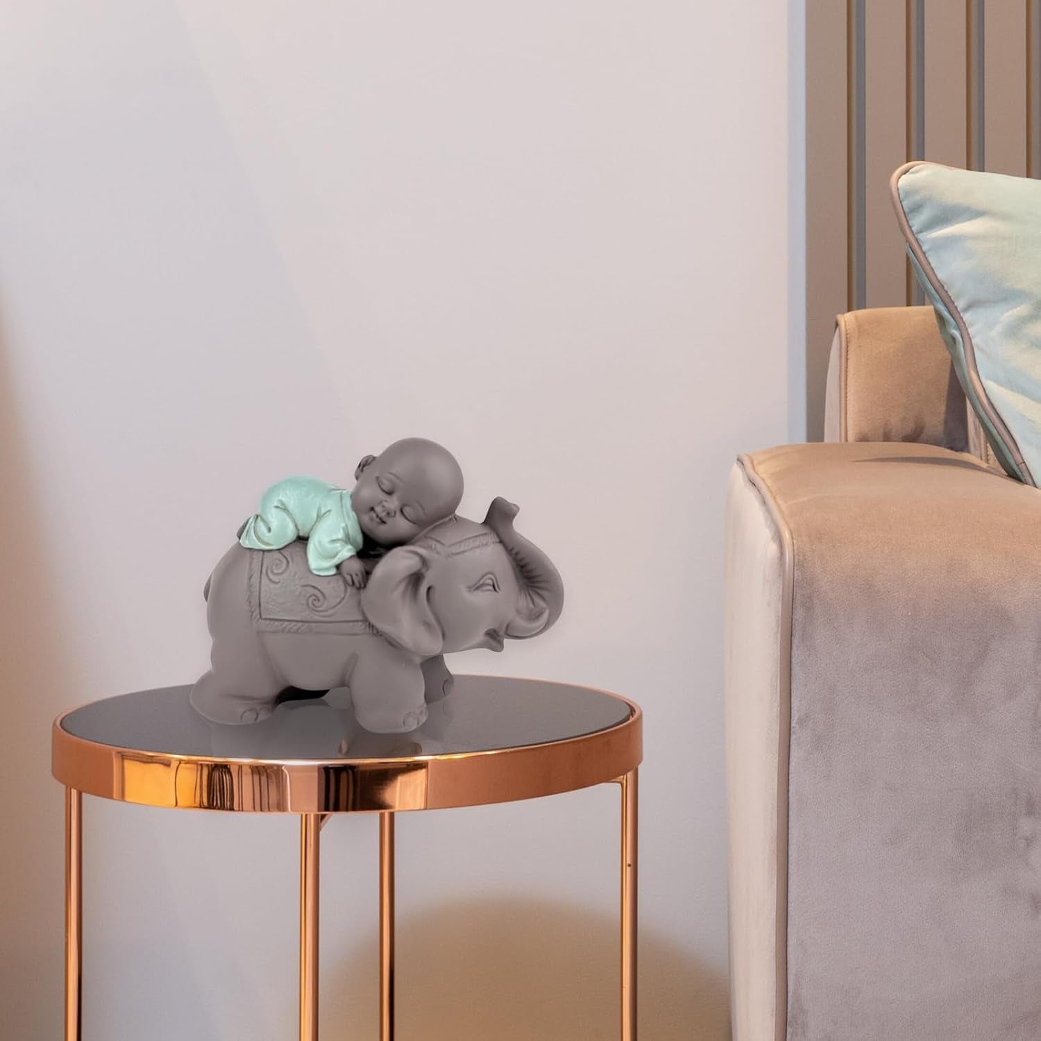 Posąg Zen'Light Budda Bonze śpiący na słoniu - Atmosfera Zen w Twojej świętej przestrzeni - piękna pomyślna figura - wys. 9,5 cm, brązowo-zielona. Figurki i rzeźby Naty Shop