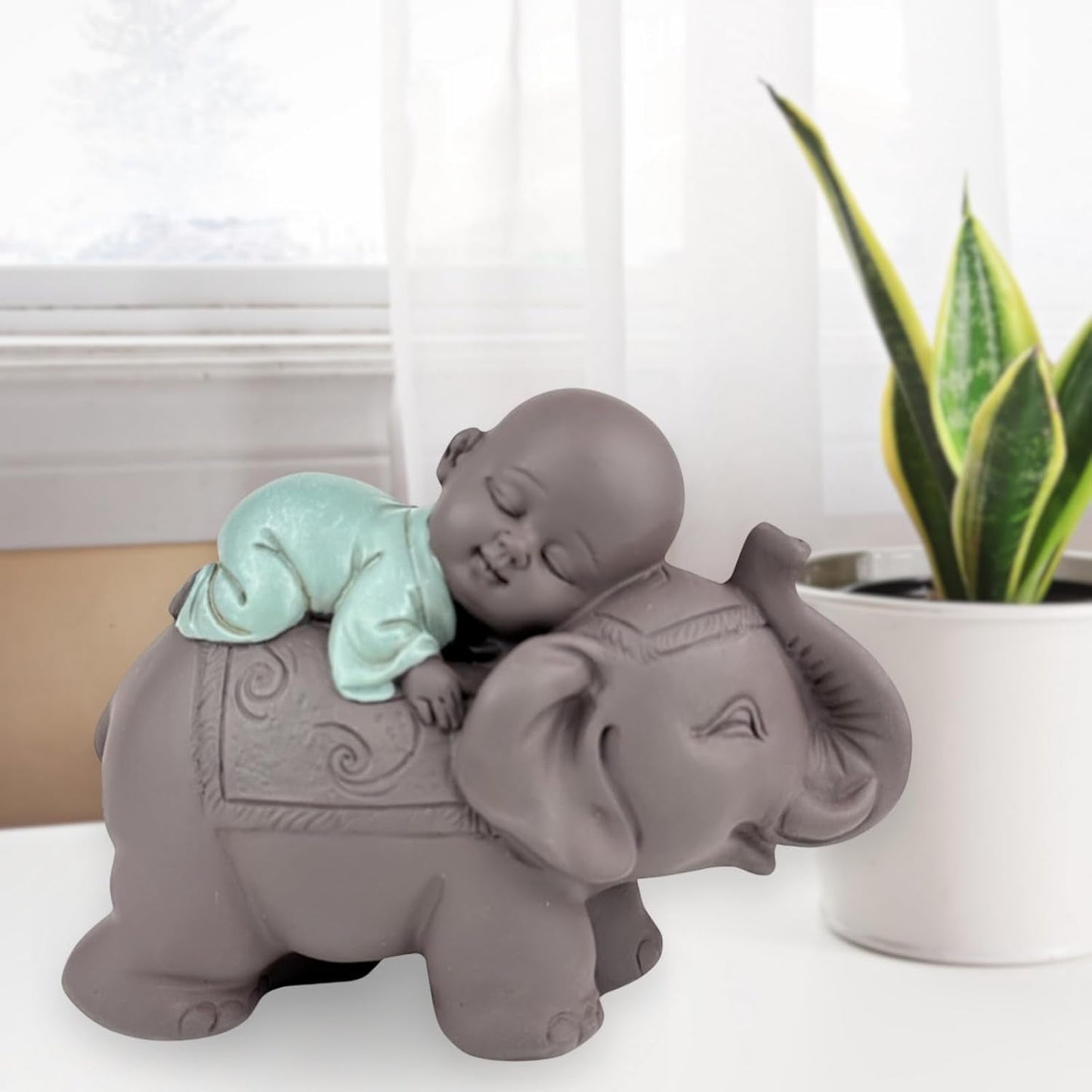 Posąg Zen'Light Budda Bonze śpiący na słoniu - Atmosfera Zen w Twojej świętej przestrzeni - piękna pomyślna figura - wys. 9,5 cm, brązowo-zielona. Figurki i rzeźby Naty Shop