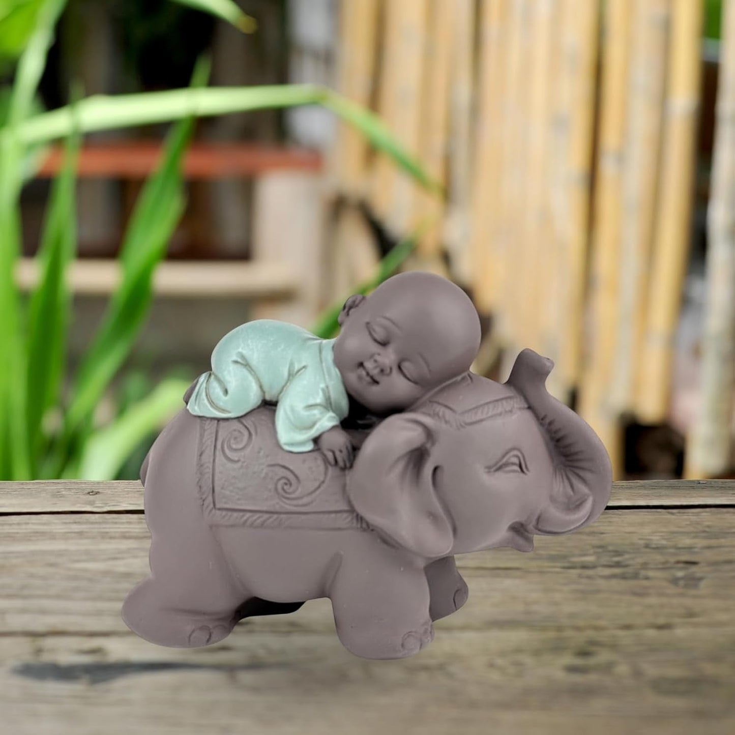 Posąg Zen'Light Budda Bonze śpiący na słoniu - Atmosfera Zen w Twojej świętej przestrzeni - piękna pomyślna figura - wys. 9,5 cm, brązowo-zielona. Figurki i rzeźby Naty Shop