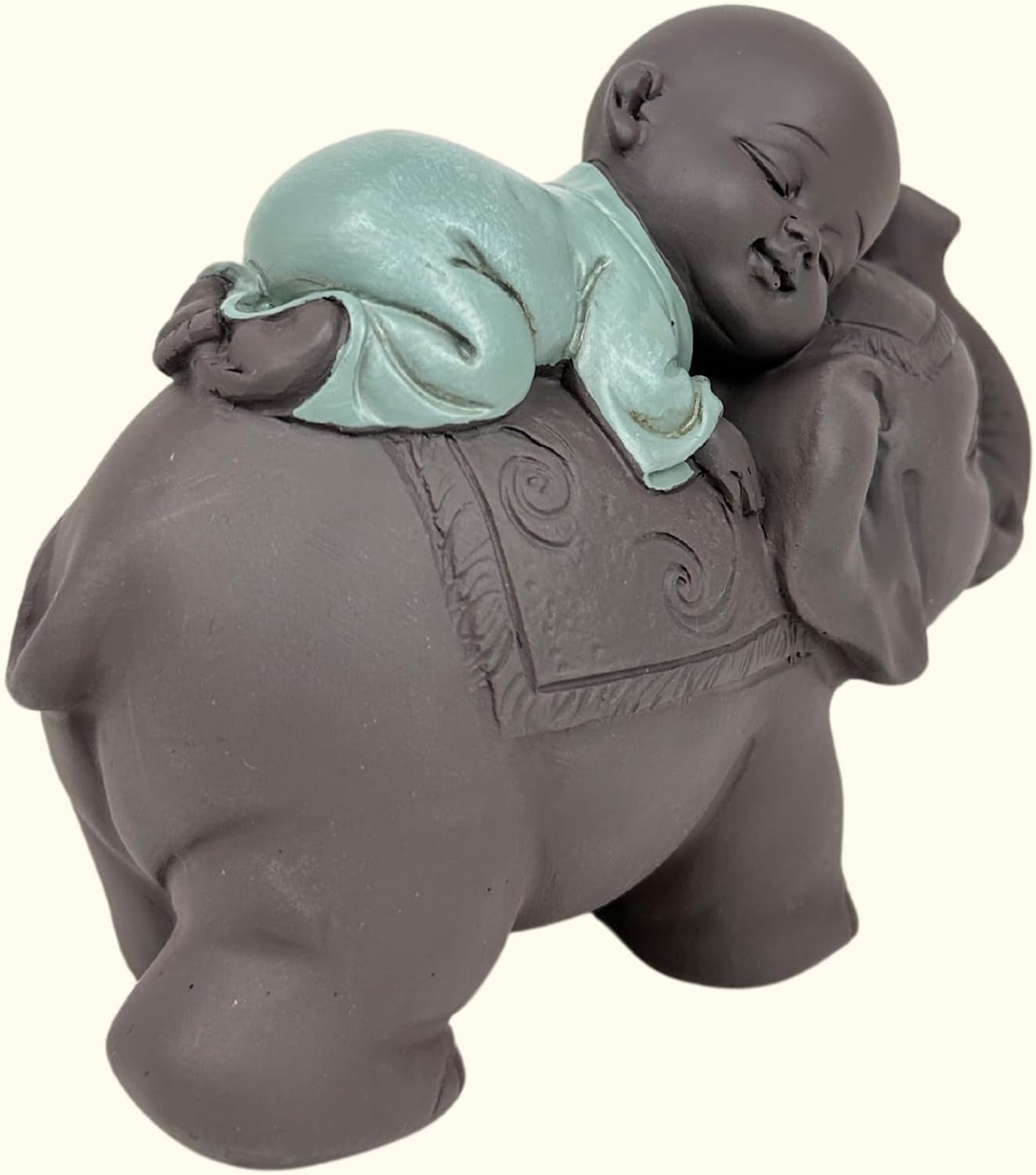 Posąg Zen'Light Budda Bonze śpiący na słoniu - Atmosfera Zen w Twojej świętej przestrzeni - piękna pomyślna figura - wys. 9,5 cm, brązowo-zielona. Figurki i rzeźby Naty Shop