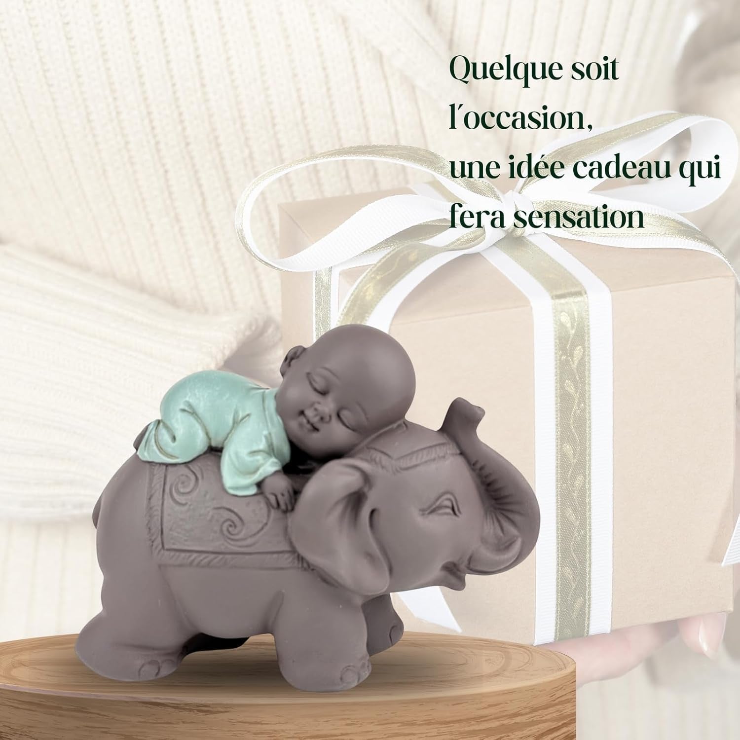 Posąg Zen'Light Budda Bonze śpiący na słoniu - Atmosfera Zen w Twojej świętej przestrzeni - piękna pomyślna figura - wys. 9,5 cm, brązowo-zielona. Figurki i rzeźby Naty Shop
