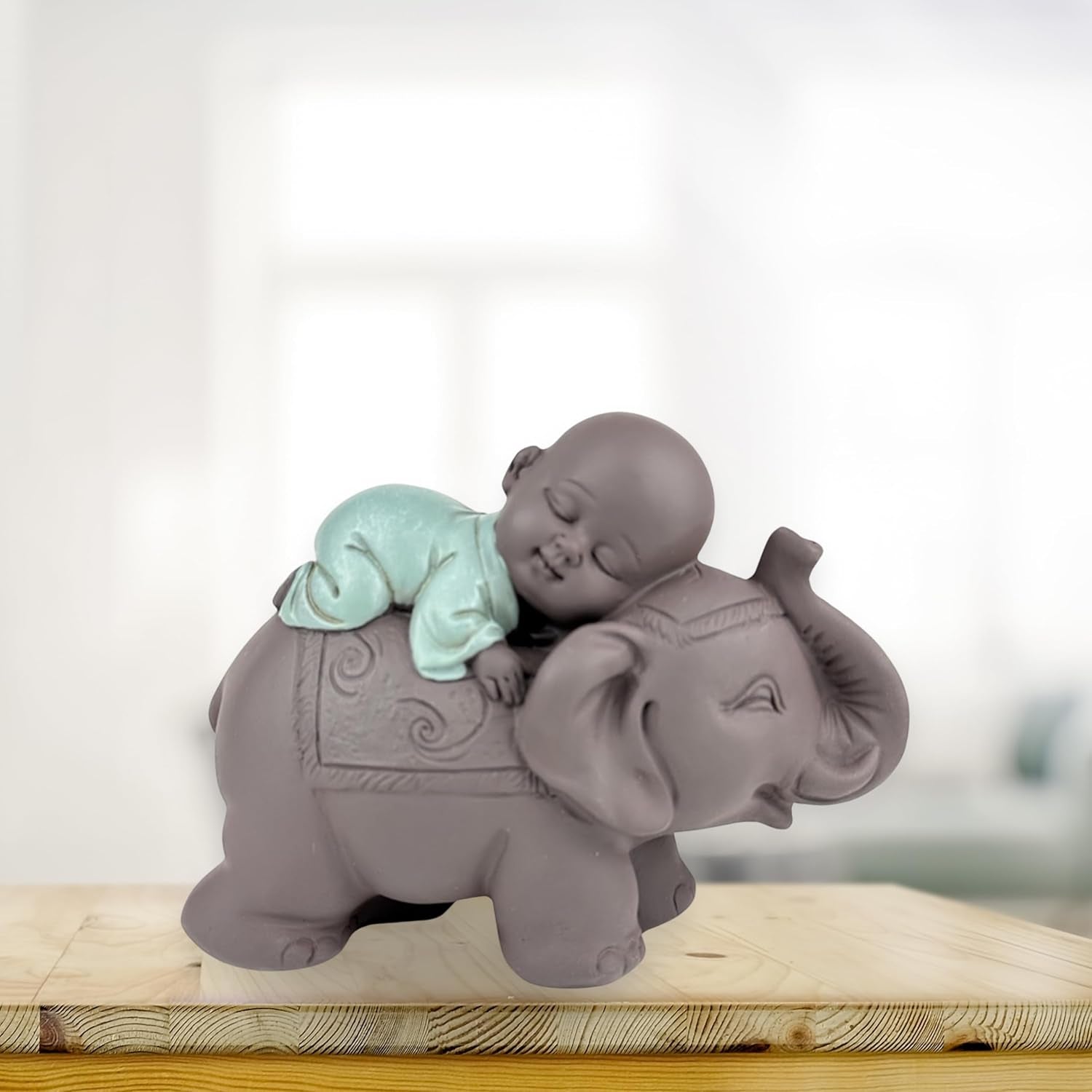 Posąg Zen'Light Budda Bonze śpiący na słoniu - Atmosfera Zen w Twojej świętej przestrzeni - piękna pomyślna figura - wys. 9,5 cm, brązowo-zielona. Figurki i rzeźby Naty Shop