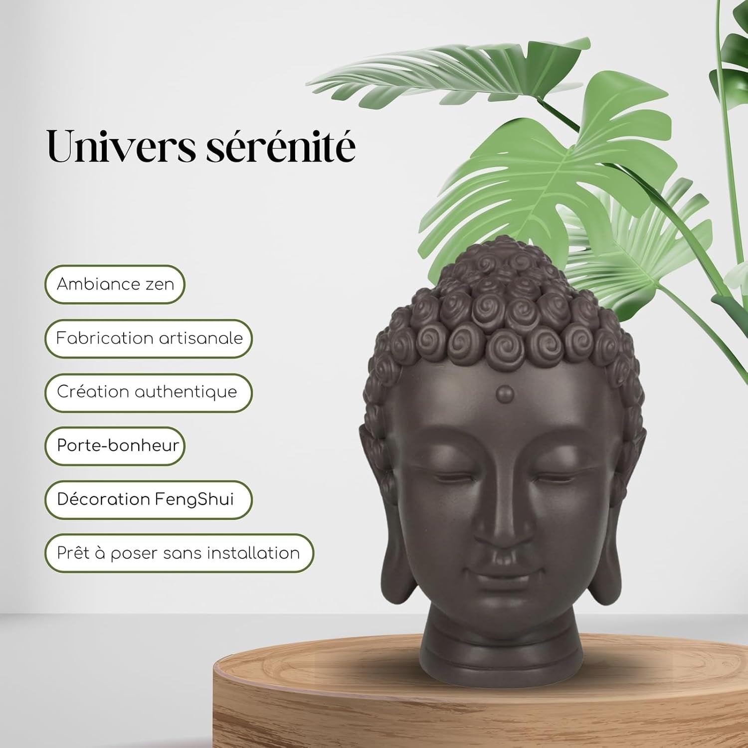 Zen'Light - Figurka z głową Buddy - Ozdoba do zen, medytacji i feng shui - Prezent dla relaksującej i duchowej atmosfery - Figurka Buddy - Wysokość: 20 cm - Kolor: zielony/brązowy Figurki i rzeźby Naty Shop