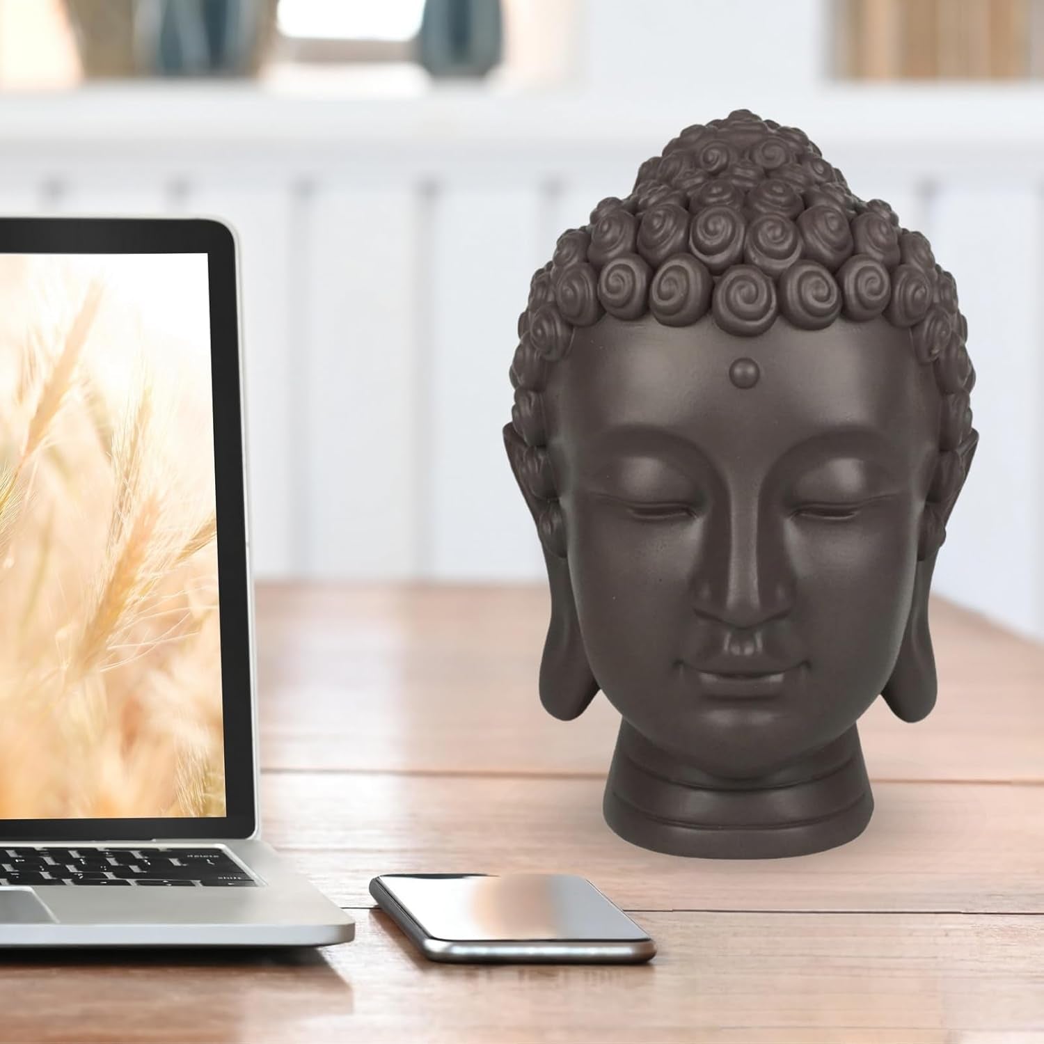 Zen'Light - Figurka z głową Buddy - Ozdoba do zen, medytacji i feng shui - Prezent dla relaksującej i duchowej atmosfery - Figurka Buddy - Wysokość: 20 cm - Kolor: zielony/brązowy Figurki i rzeźby Naty Shop