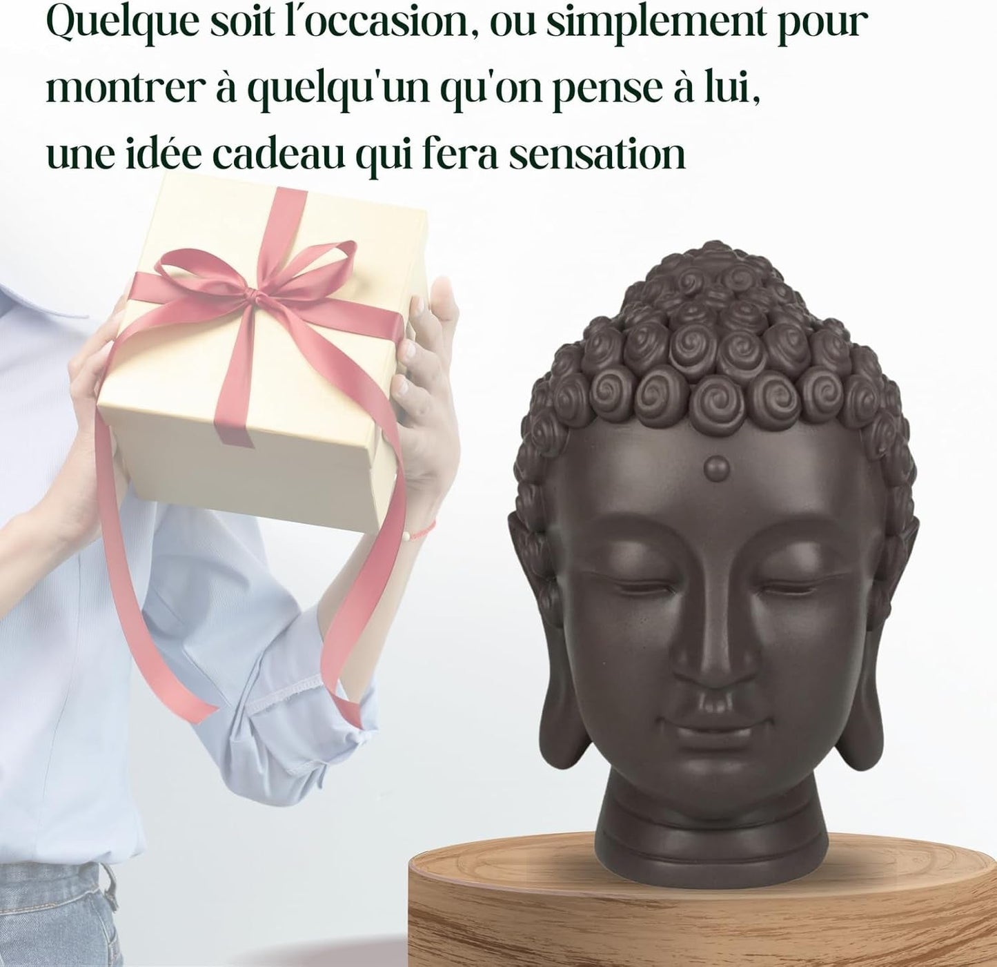 Zen'Light - Figurka z głową Buddy - Ozdoba do zen, medytacji i feng shui - Prezent dla relaksującej i duchowej atmosfery - Figurka Buddy - Wysokość: 20 cm - Kolor: zielony/brązowy Figurki i rzeźby Naty Shop