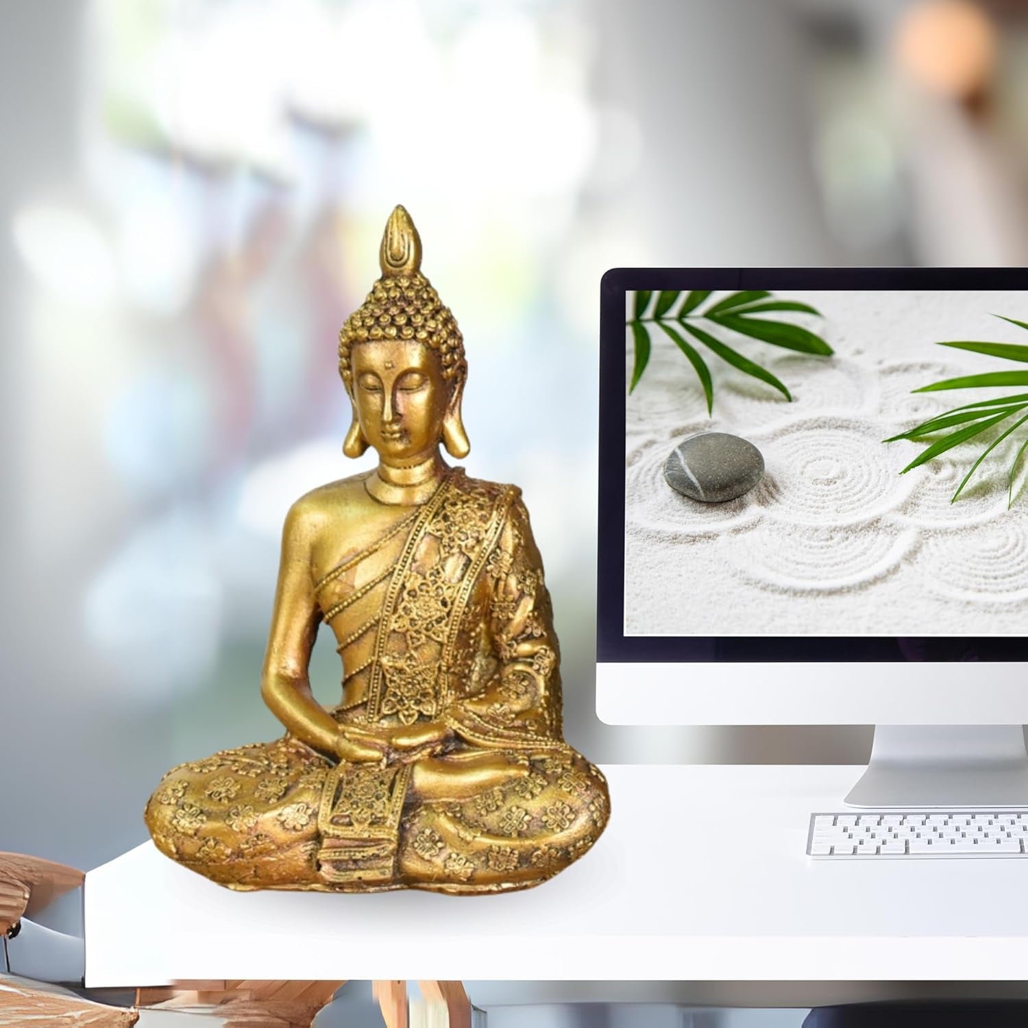 Zen'Light - Figurka z głową Buddy Sanci - Ozdoba do zen, medytacji i feng shui - Prezent dla relaksującej i duchowej atmosfery - Posąg Buddy - Wysokość: 18 cm - Kolor: złoty Figurki i rzeźby Naty Shop