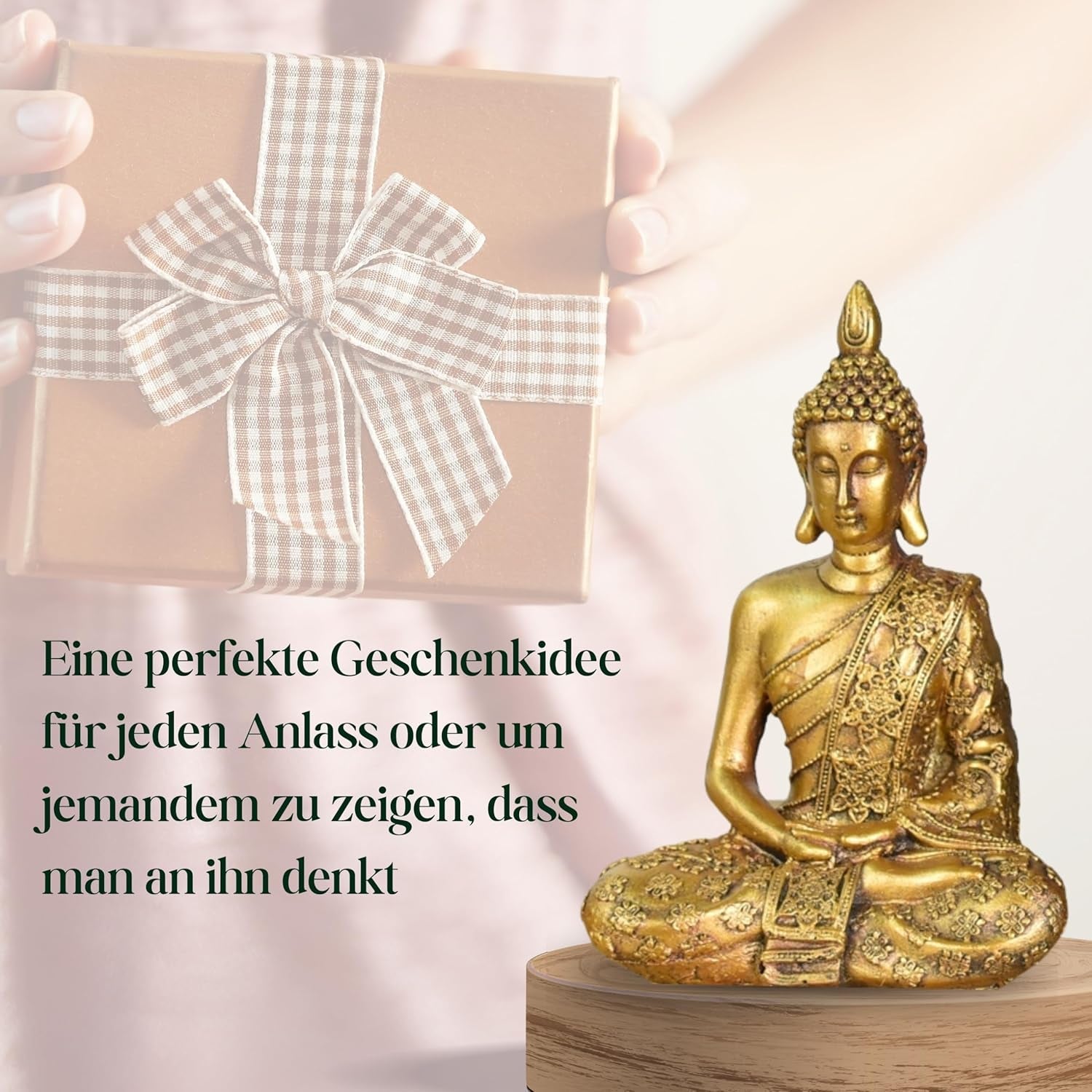 Zen'Light - Figurka z głową Buddy Sanci - Ozdoba do zen, medytacji i feng shui - Prezent dla relaksującej i duchowej atmosfery - Posąg Buddy - Wysokość: 18 cm - Kolor: złoty Figurki i rzeźby Naty Shop