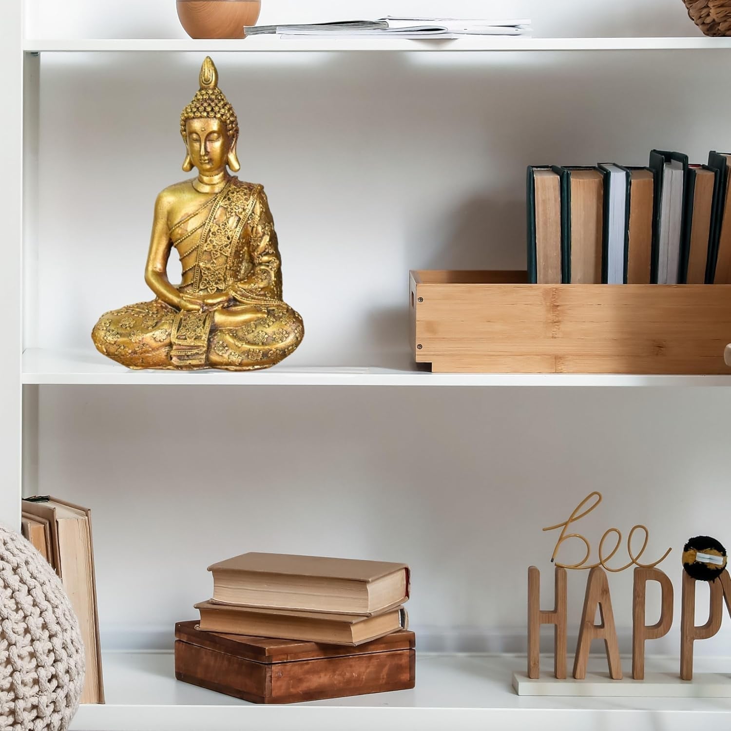 Zen'Light - Figurka z głową Buddy Sanci - Ozdoba do zen, medytacji i feng shui - Prezent dla relaksującej i duchowej atmosfery - Posąg Buddy - Wysokość: 18 cm - Kolor: złoty Figurki i rzeźby Naty Shop