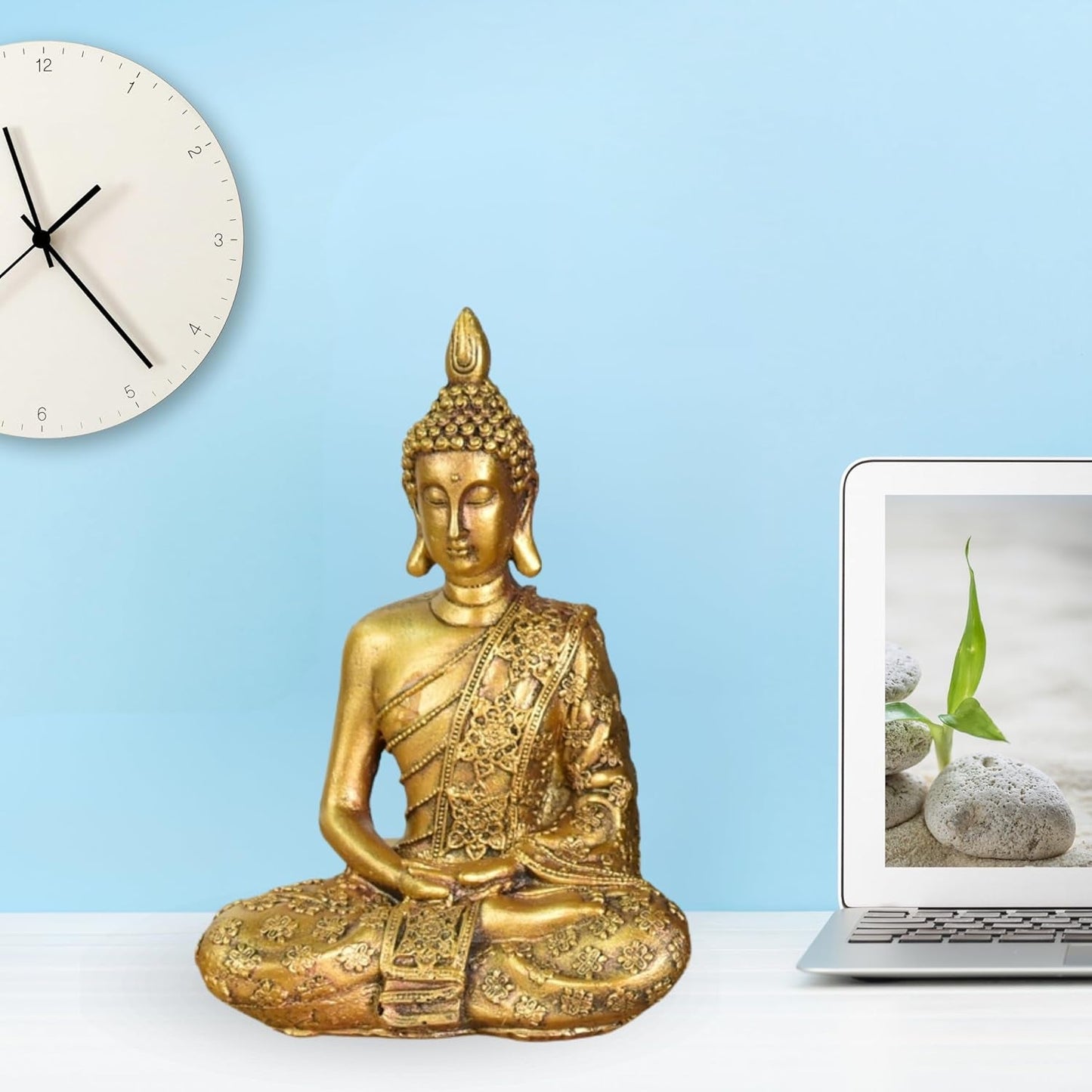 Zen'Light - Figurka z głową Buddy Sanci - Ozdoba do zen, medytacji i feng shui - Prezent dla relaksującej i duchowej atmosfery - Posąg Buddy - Wysokość: 18 cm - Kolor: złoty Figurki i rzeźby Naty Shop