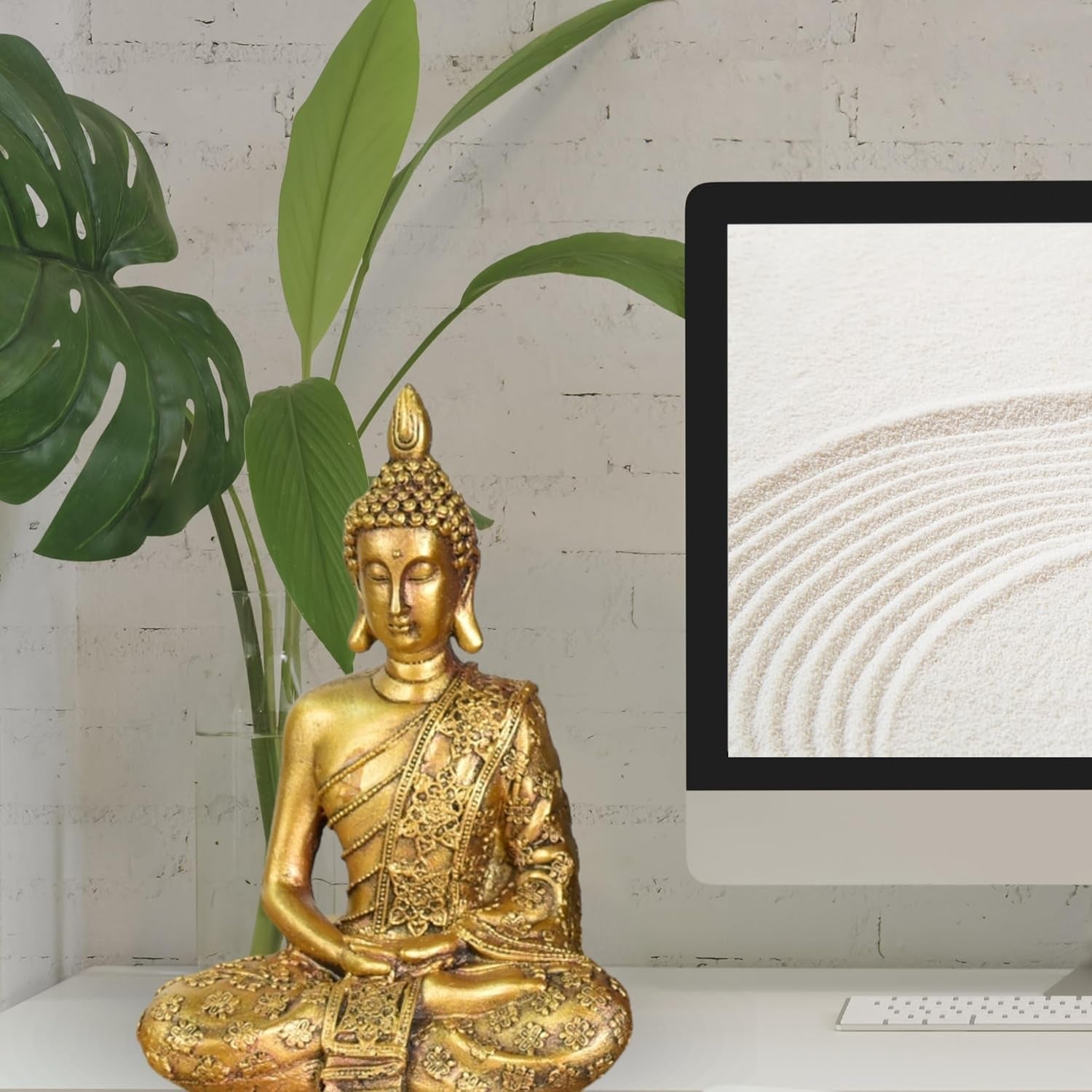 Zen'Light - Figurka z głową Buddy Sanci - Ozdoba do zen, medytacji i feng shui - Prezent dla relaksującej i duchowej atmosfery - Posąg Buddy - Wysokość: 18 cm - Kolor: złoty Figurki i rzeźby Naty Shop