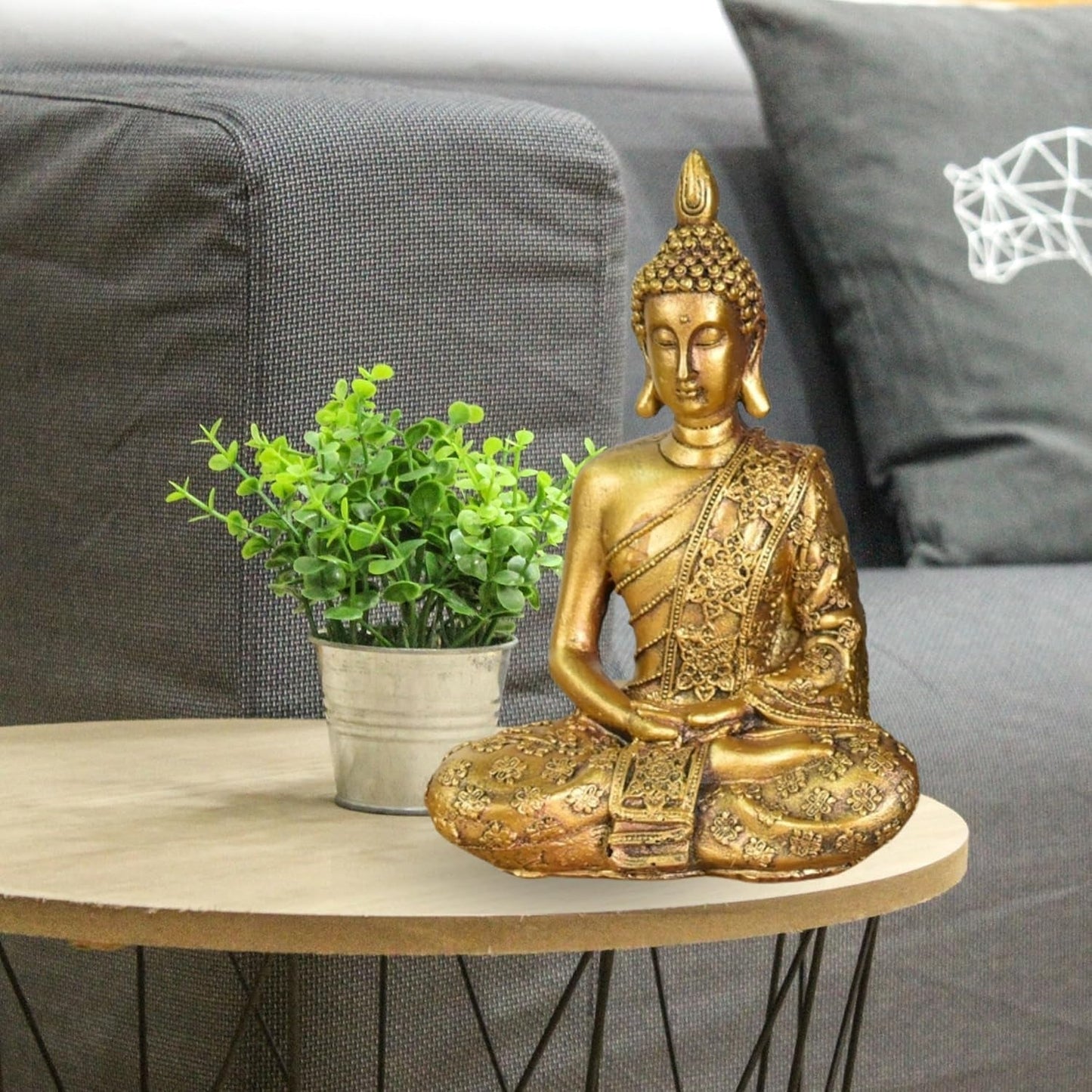 Zen'Light - Figurka z głową Buddy Sanci - Ozdoba do zen, medytacji i feng shui - Prezent dla relaksującej i duchowej atmosfery - Posąg Buddy - Wysokość: 18 cm - Kolor: złoty Figurki i rzeźby Naty Shop