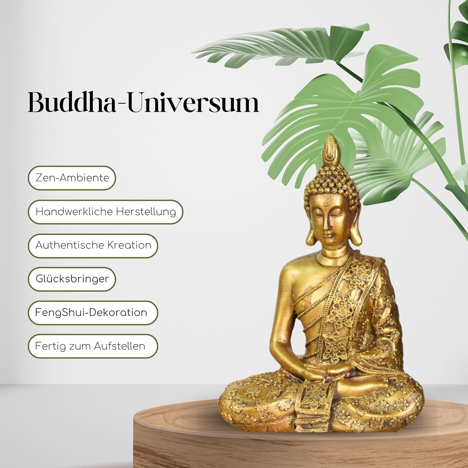 Zen'Light - Figurka z głową Buddy Sanci - Ozdoba do zen, medytacji i feng shui - Prezent dla relaksującej i duchowej atmosfery - Posąg Buddy - Wysokość: 18 cm - Kolor: złoty Figurki i rzeźby Naty Shop