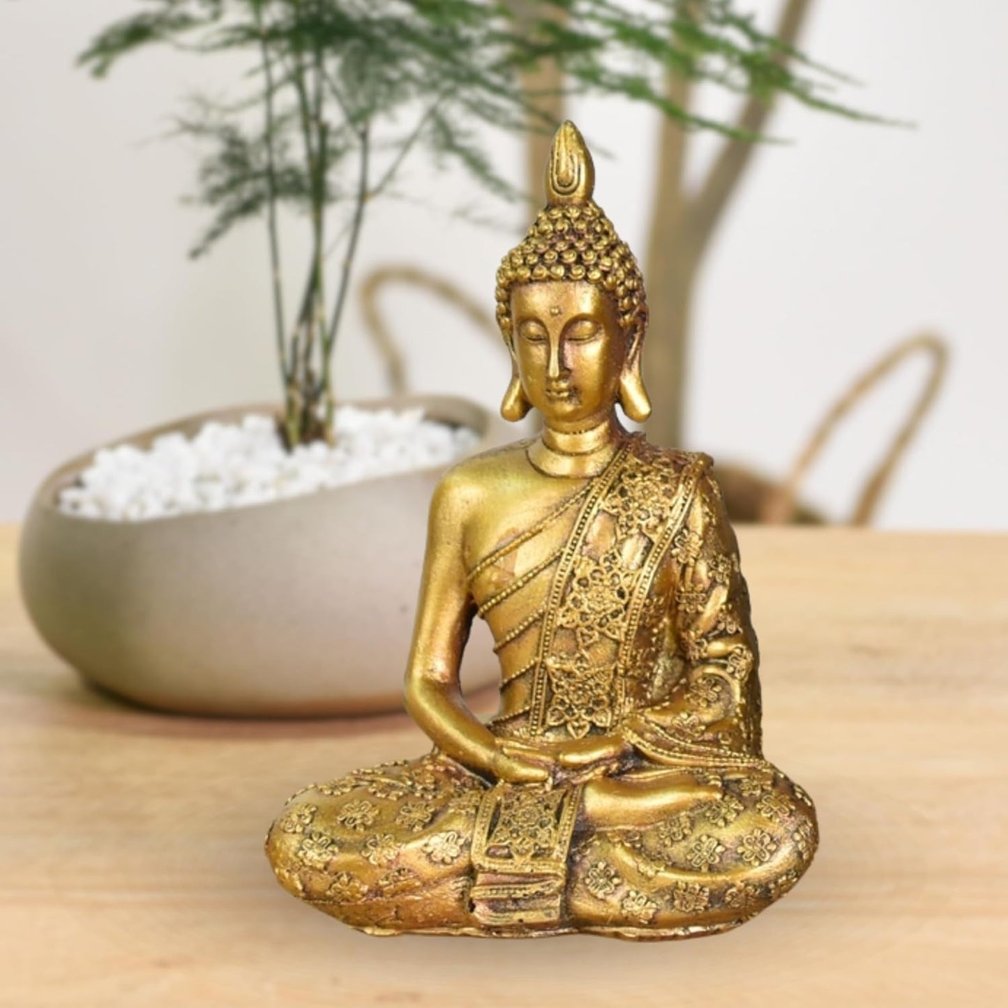 Zen'Light - Figurka z głową Buddy Sanci - Ozdoba do zen, medytacji i feng shui - Prezent dla relaksującej i duchowej atmosfery - Posąg Buddy - Wysokość: 18 cm - Kolor: złoty Figurki i rzeźby Naty Shop