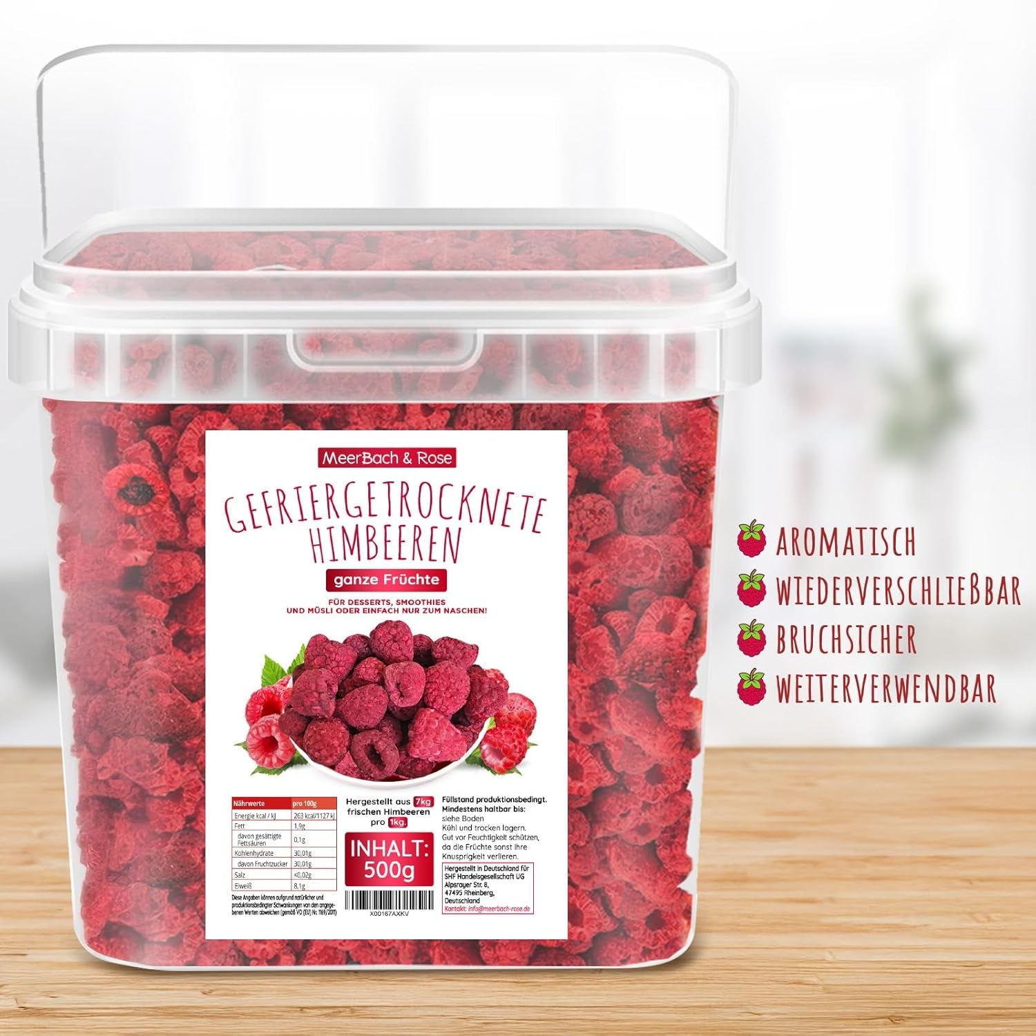 Maliny liofilizowane, BEZ produktów chińskich, 500g całych owoców liofilizowanych, bez dodatków, owocowe, wyprodukowane w Niemczech Produkty suszone Naty Shop