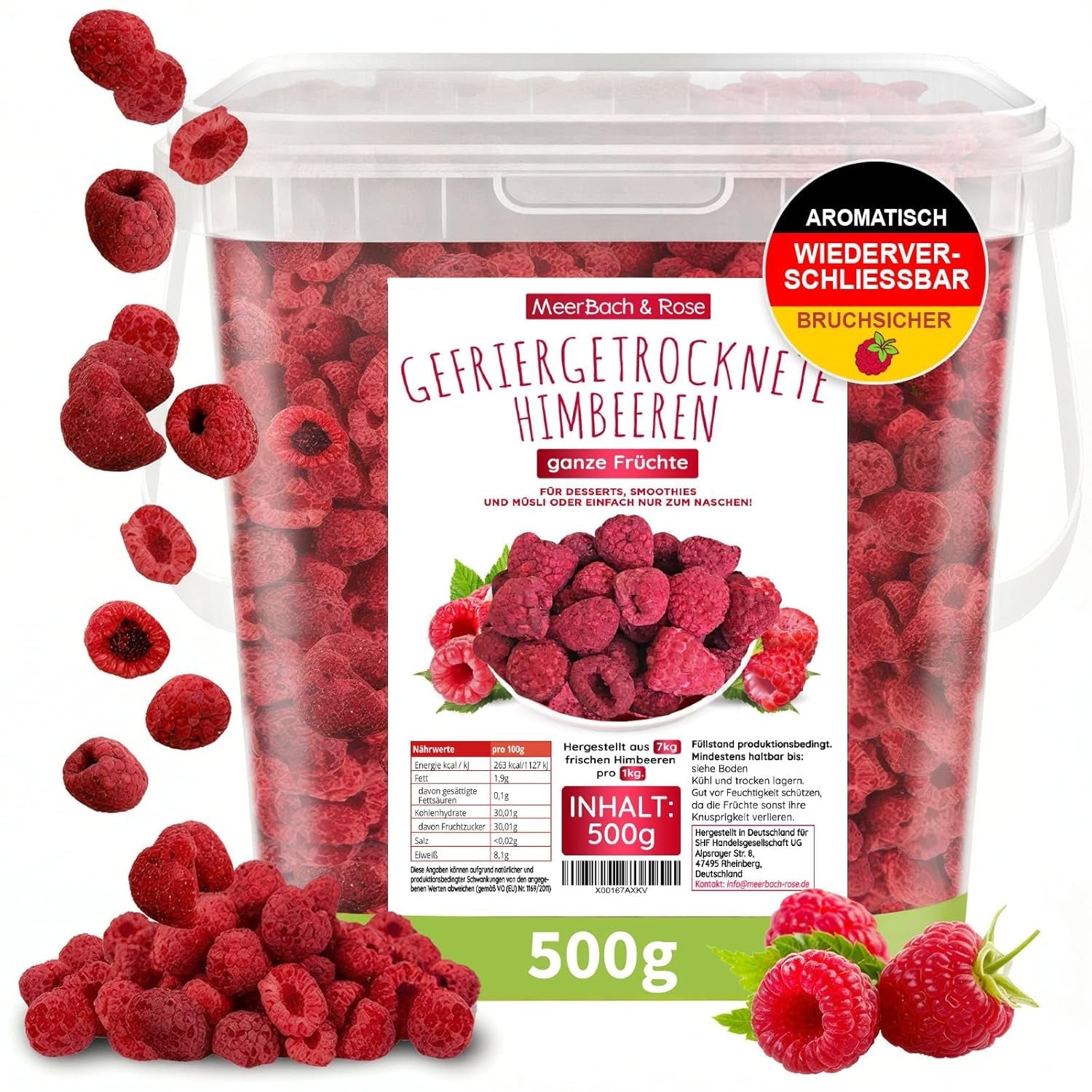 Maliny liofilizowane, BEZ produktów chińskich, 500g całe owoce liofilizowane, bez dodatków, owocowe, wyprodukowane w Niemczech Produkty suszone Naty Shop 500 G (1 opakowanie)